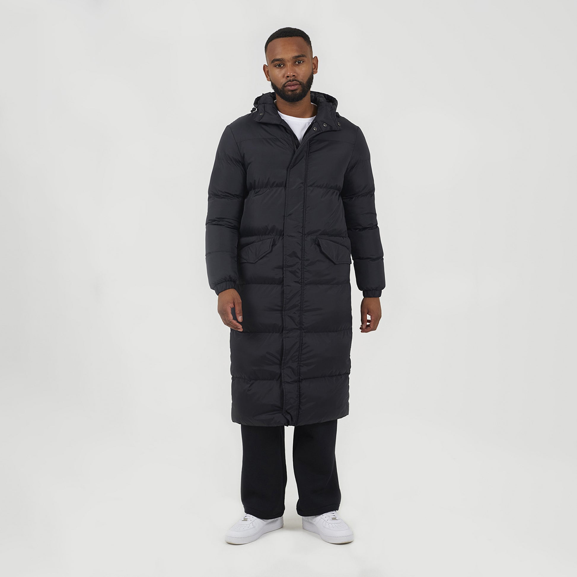 Brave Soul Black Long Length Hooded Padded Puffer Coat - Black Image 1