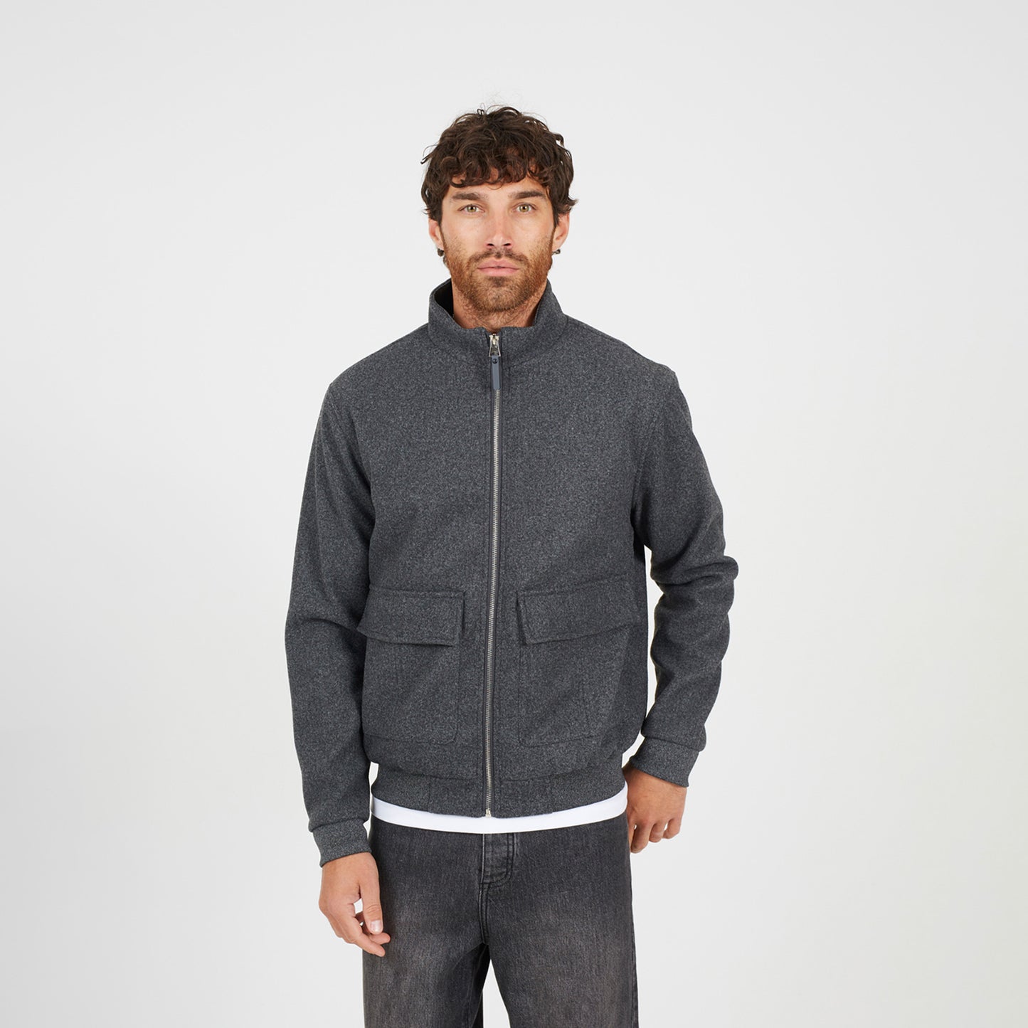 Brave Soul Grey Faux Wool Funnel Neck Bomber Style Jacket - Grey Image 1