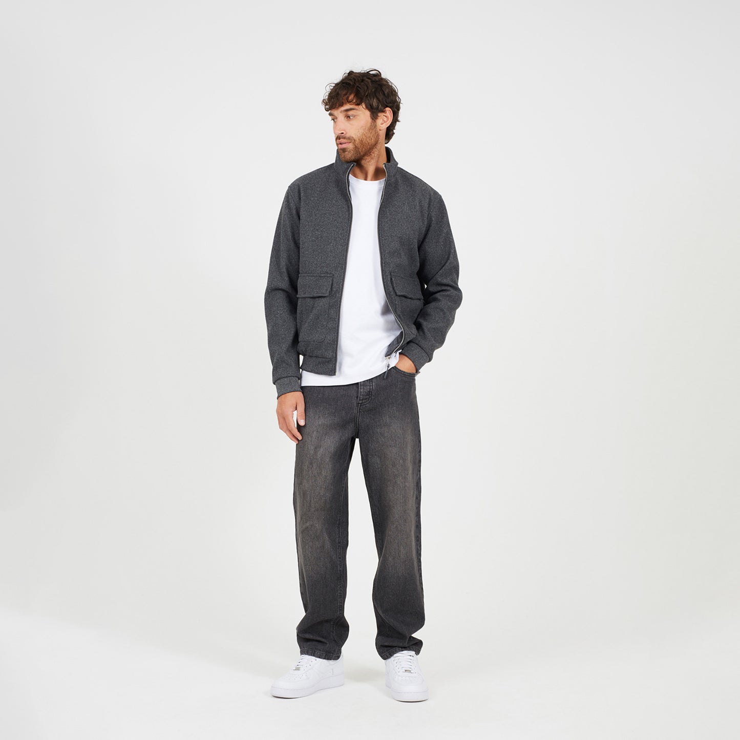 Brave Soul Grey Faux Wool Funnel Neck Bomber Style Jacket - Grey Image 3