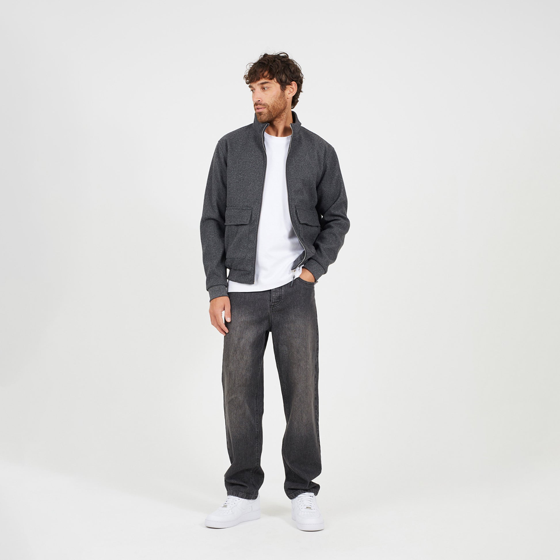 Brave Soul Grey Faux Wool Funnel Neck Bomber Style Jacket - Grey Image 3
