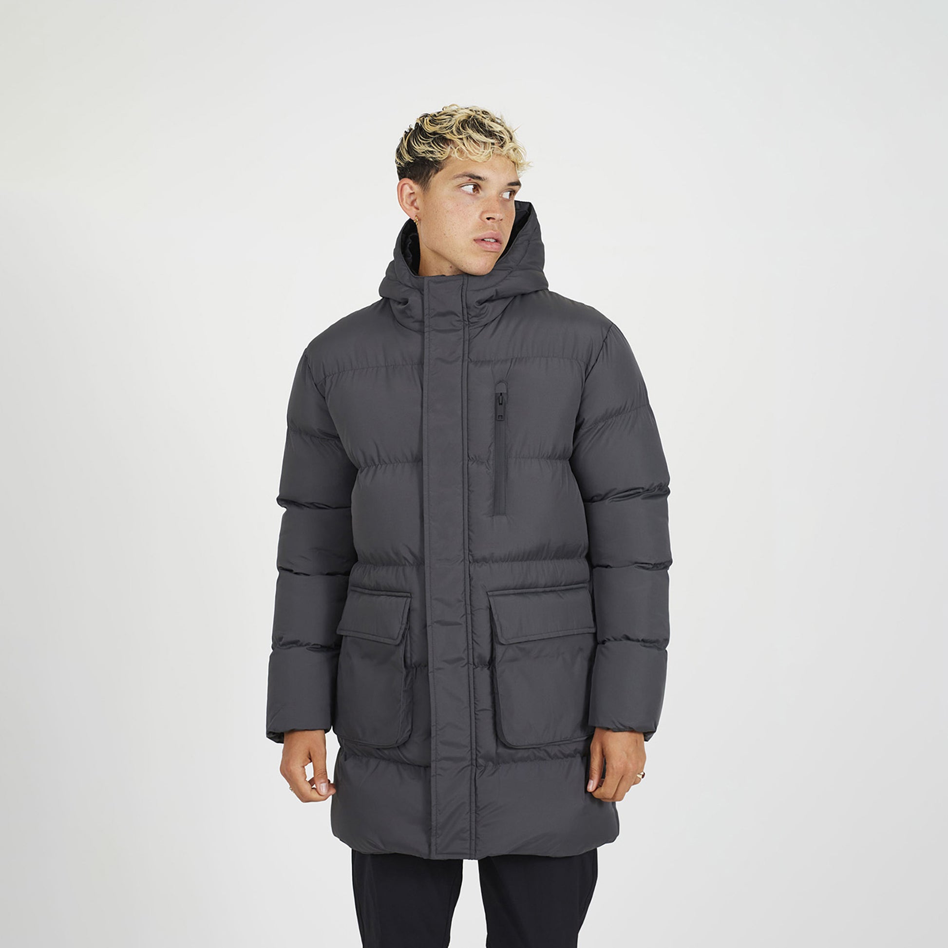 Brave Soul Dark Grey Longline Hooded Padded Jacket - Dark Grey Image 1