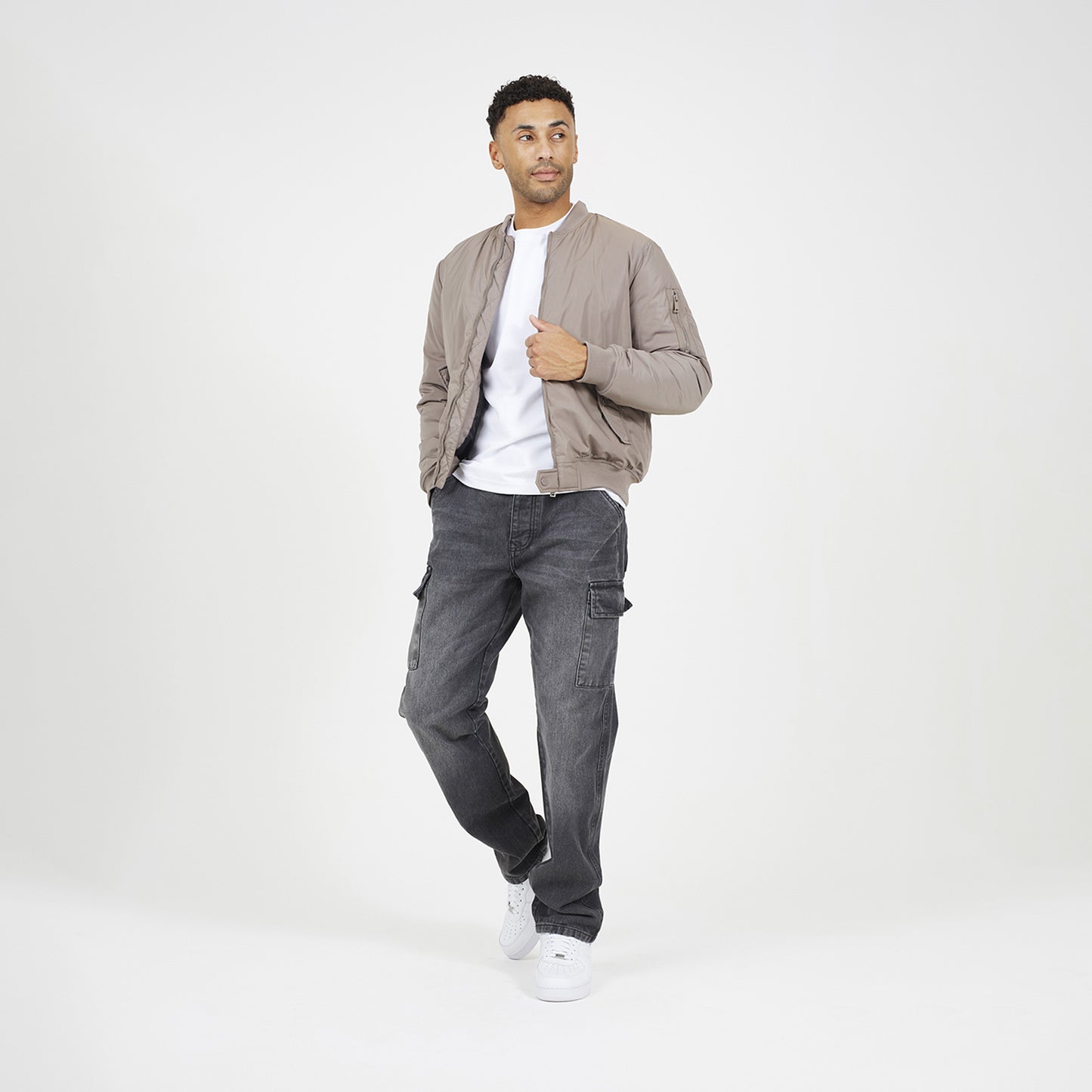 Brave Soul Taupe Bomber Jacket with Sleeve Pocket Detail - Taupe Image 3