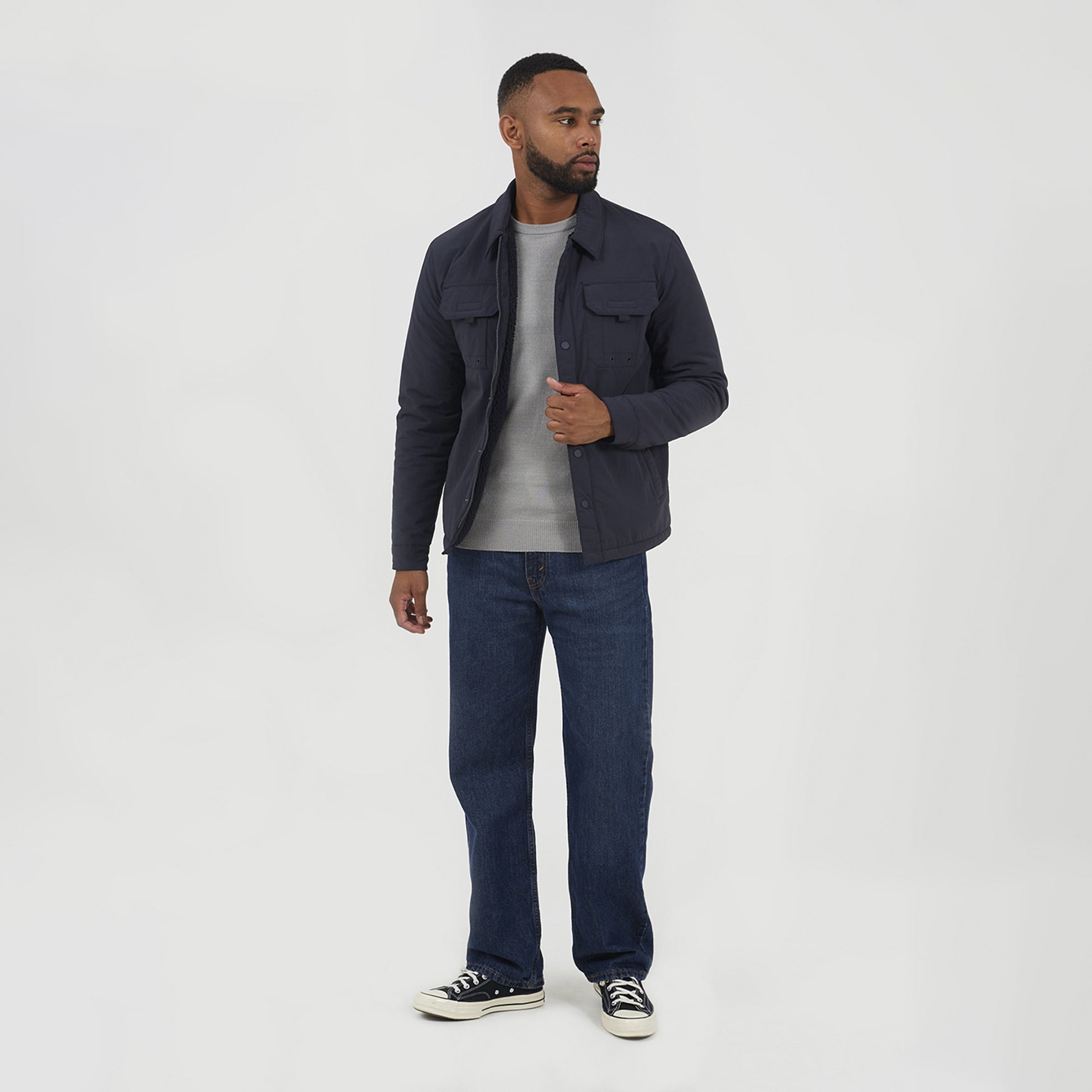 Brave Soul Navy Borg Lined Zip-Up Shacket - Navy Image 3