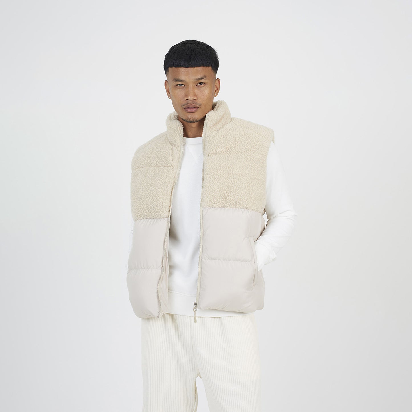 Brave Soul Stone Funnel Neck Borg Panel Gilet - Stone Image 1