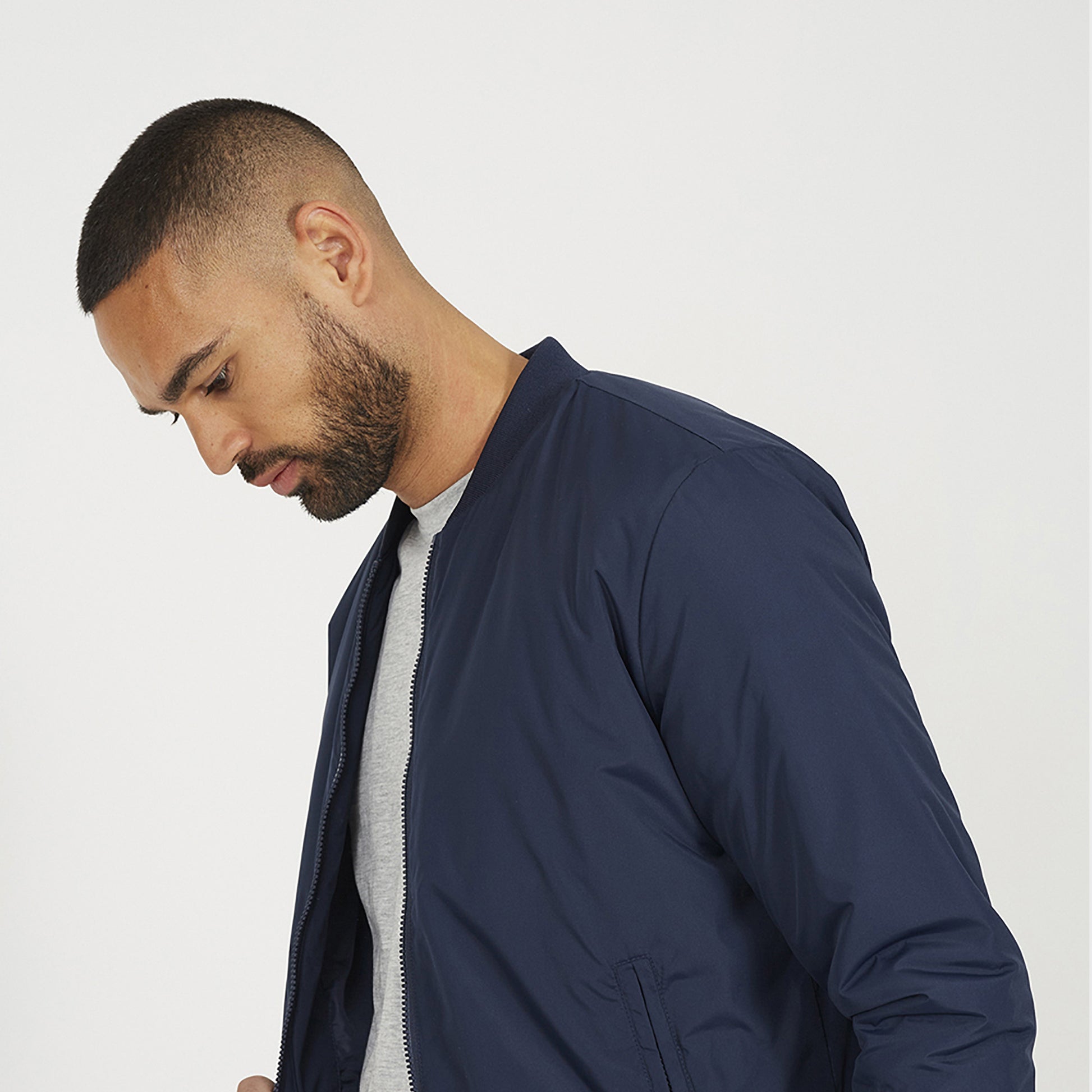 Brave Soul Navy Collarless Bomber Zip-Up Jacket - Navy Image 4