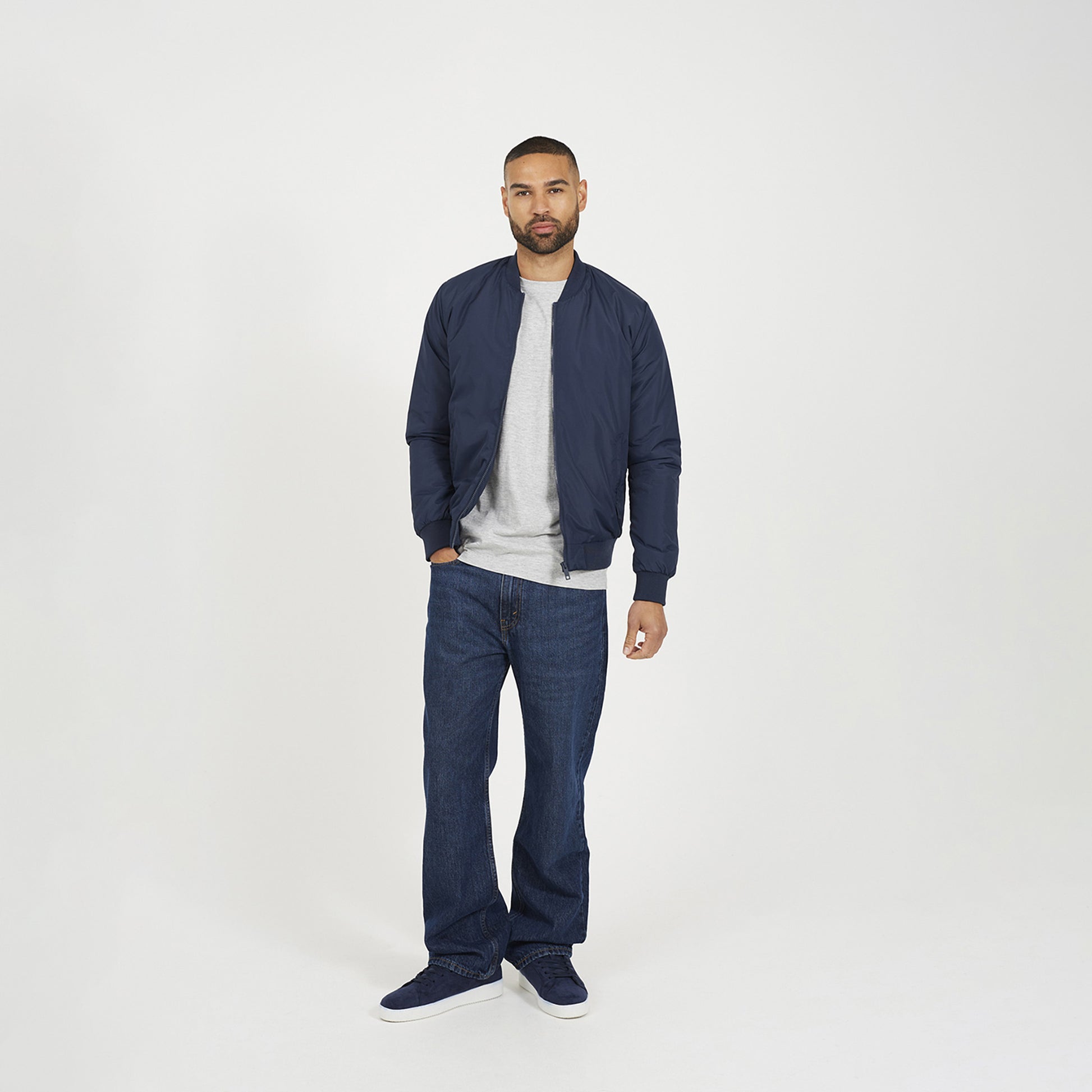 Brave Soul Navy Collarless Bomber Zip-Up Jacket - Navy Image 3