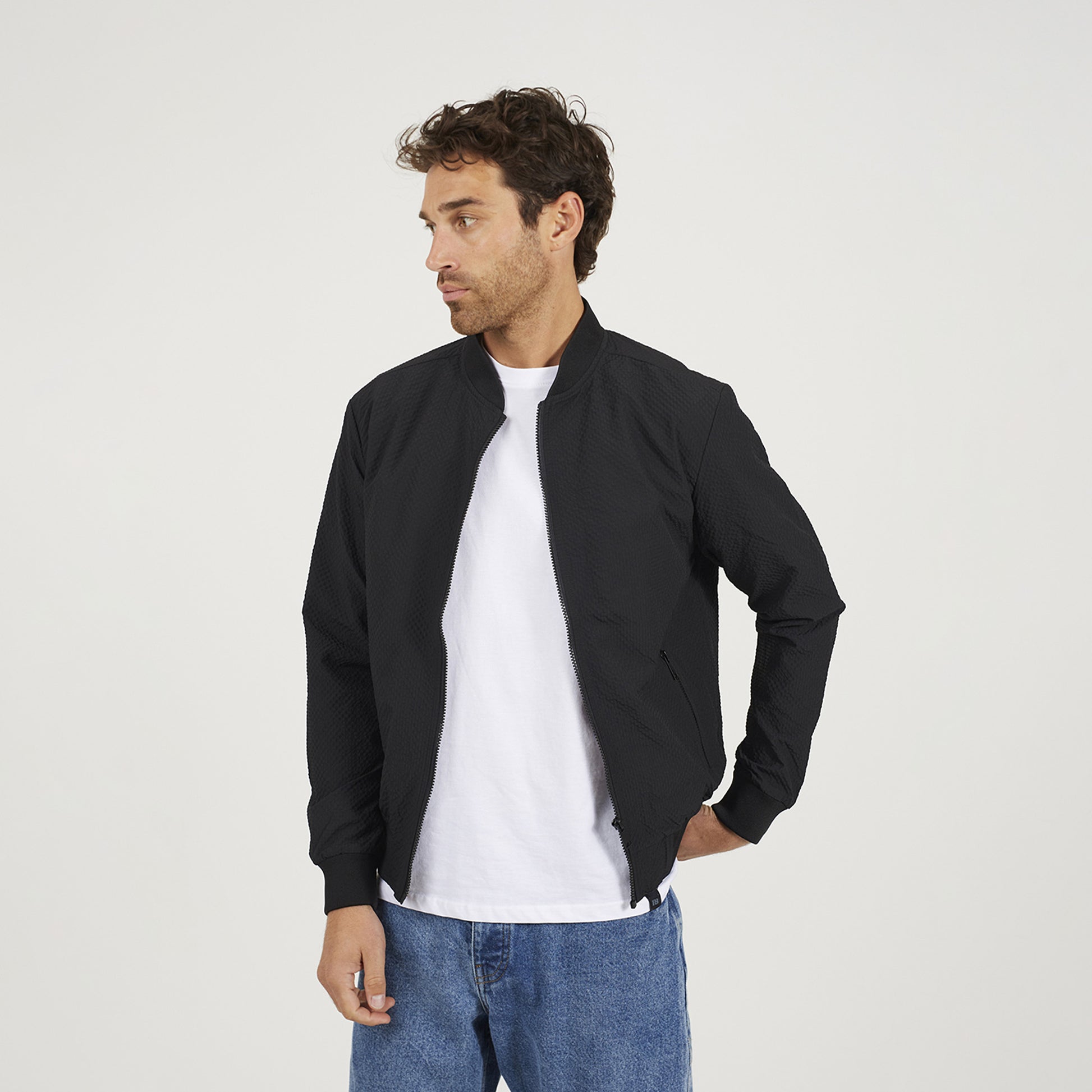 Brave Soul Black Seersucker Bomber Jacket - Black Image 1