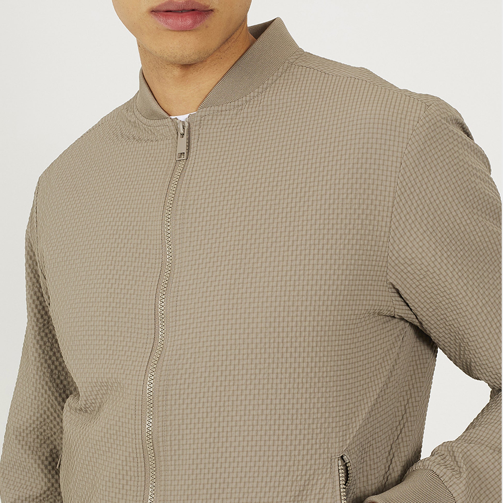 Brave Soul Taupe Seersucker Bomber Jacket - Taupe Image 4