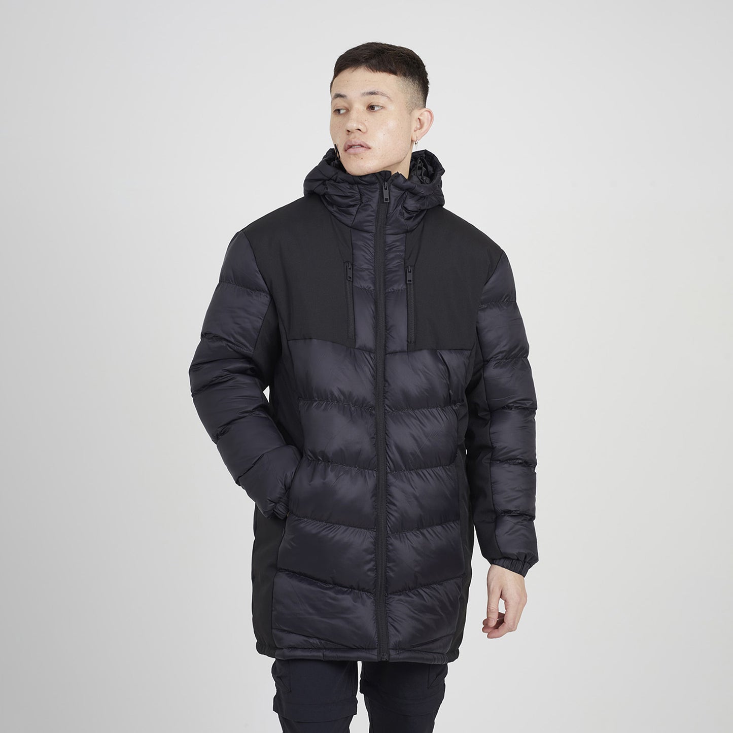 Brave Soul Black Longline Quilted Hooded Padded Jacket  - Black Image 1