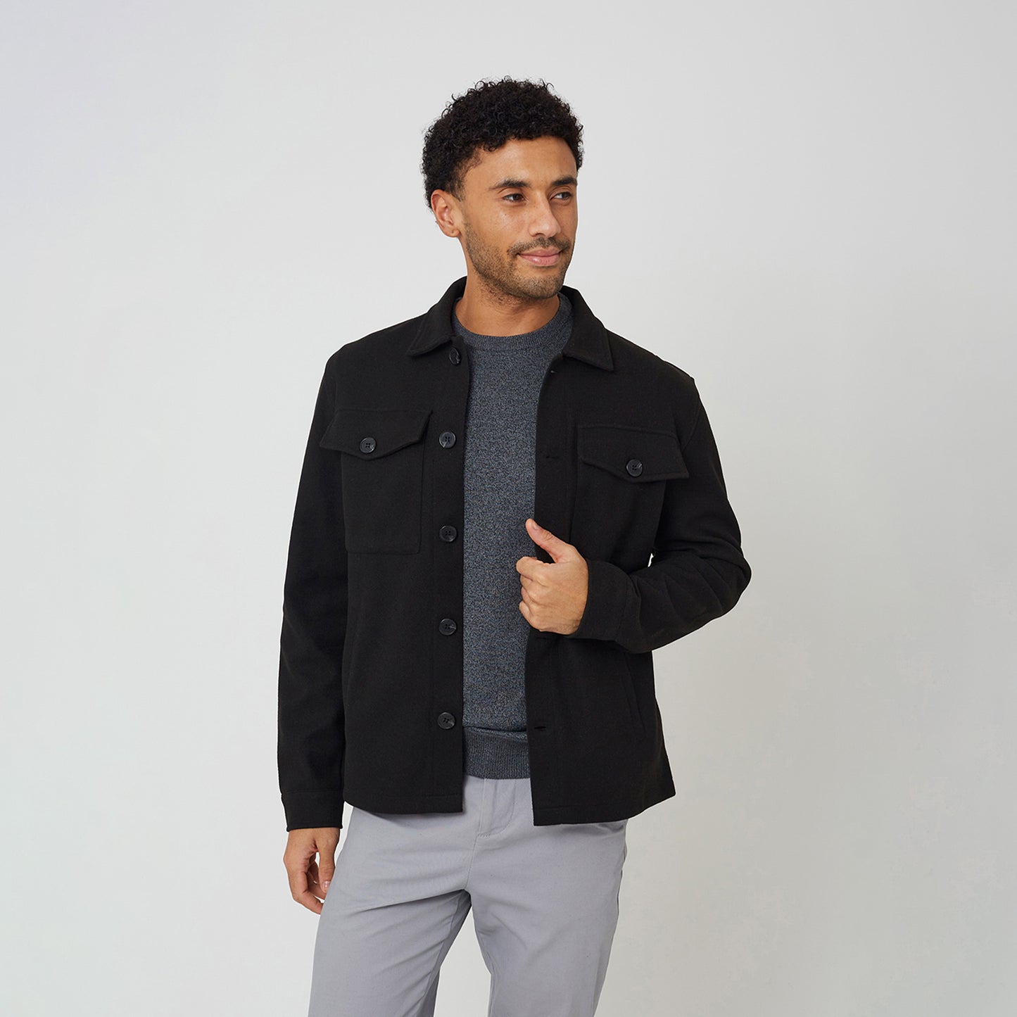 Brave Soul Black Faux Wool Button Through Shacket - Black Image 1