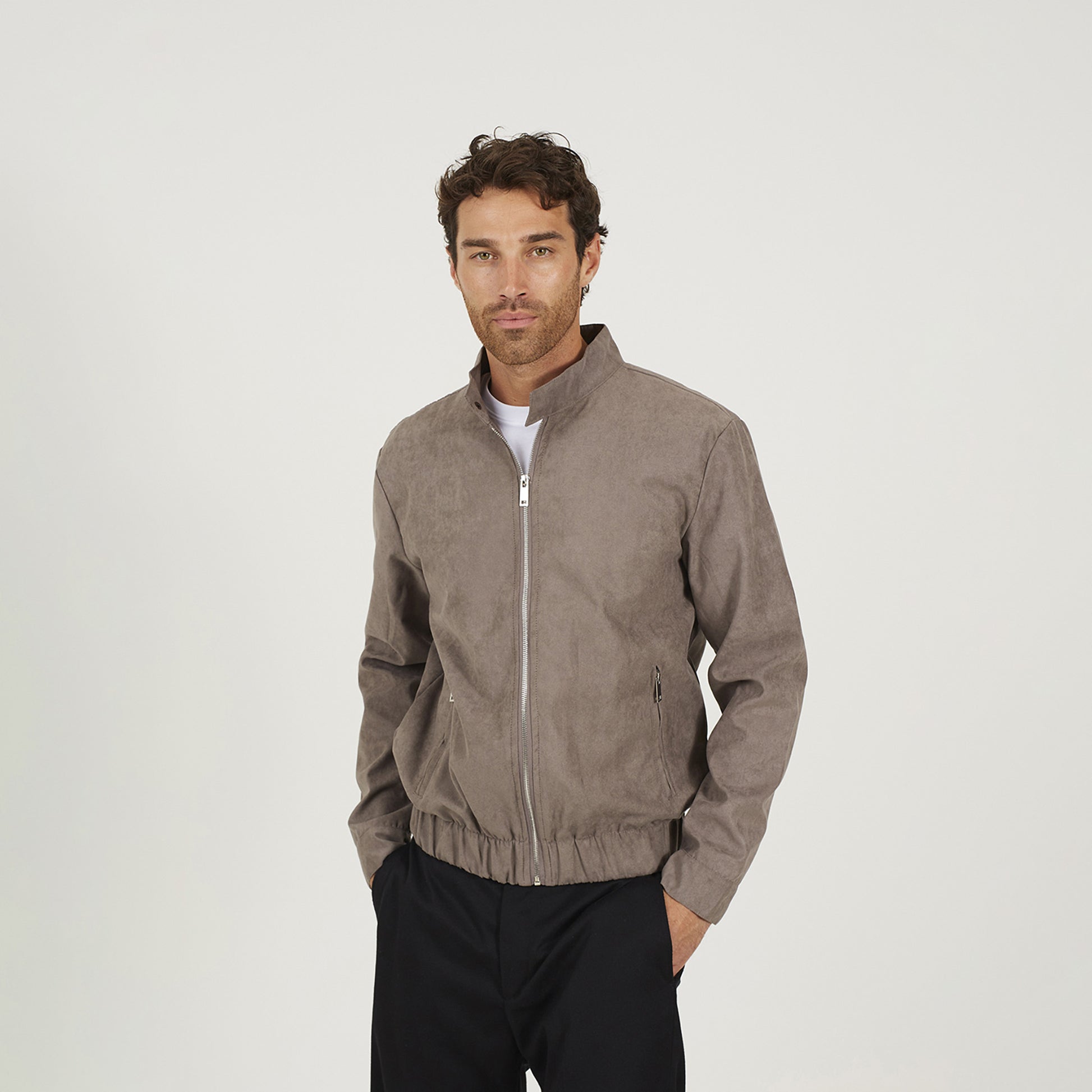 Brave Soul Taupe Faux Suede Bomber Jacket - Taupe Image 1