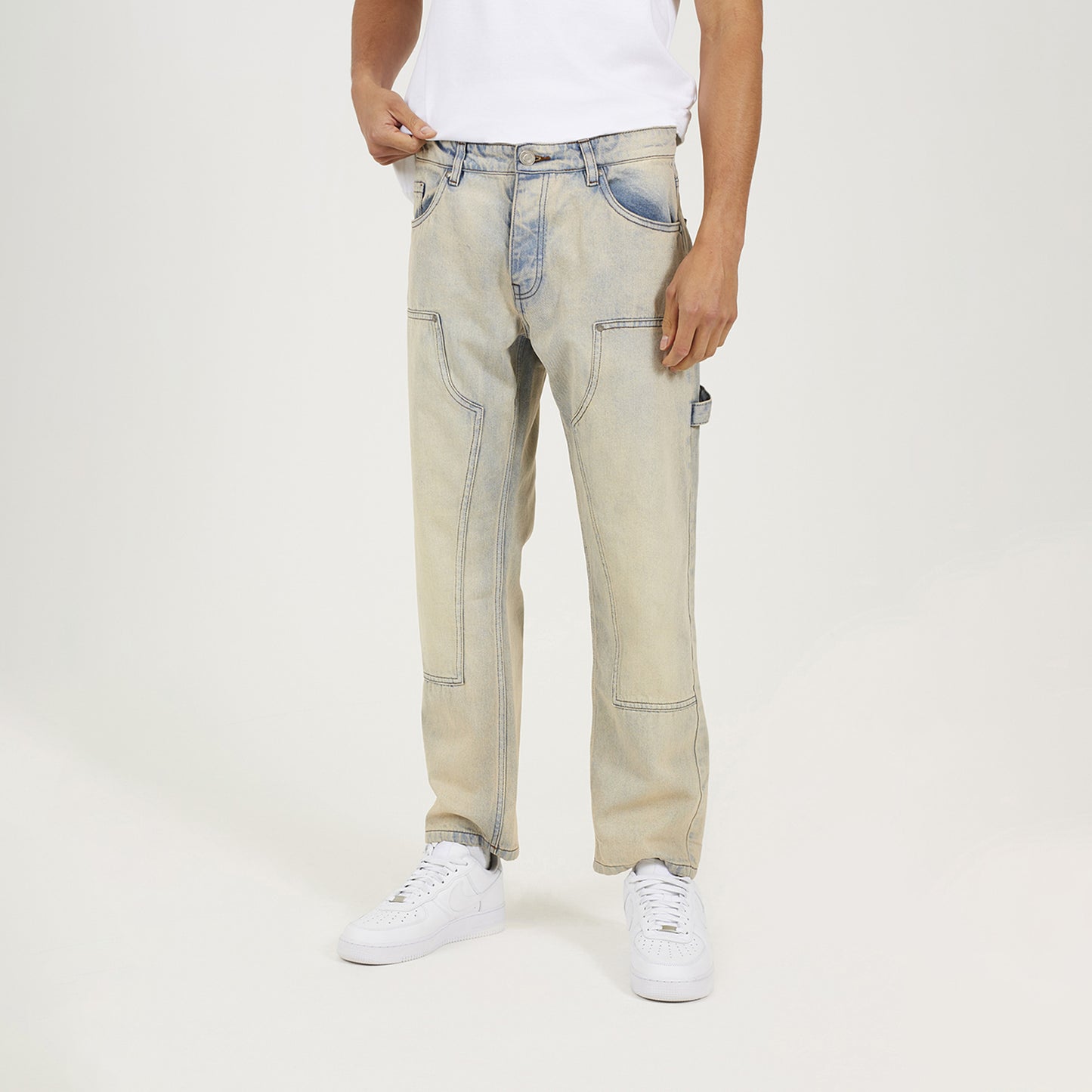 Brave Soul Light Sand Loose Fit Carpenter Style Denim Jeans - Light Sand Image 1