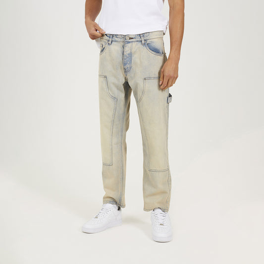 Brave Soul Light Sand Loose Fit Carpenter Style Denim Jeans - Light Sand Image 1