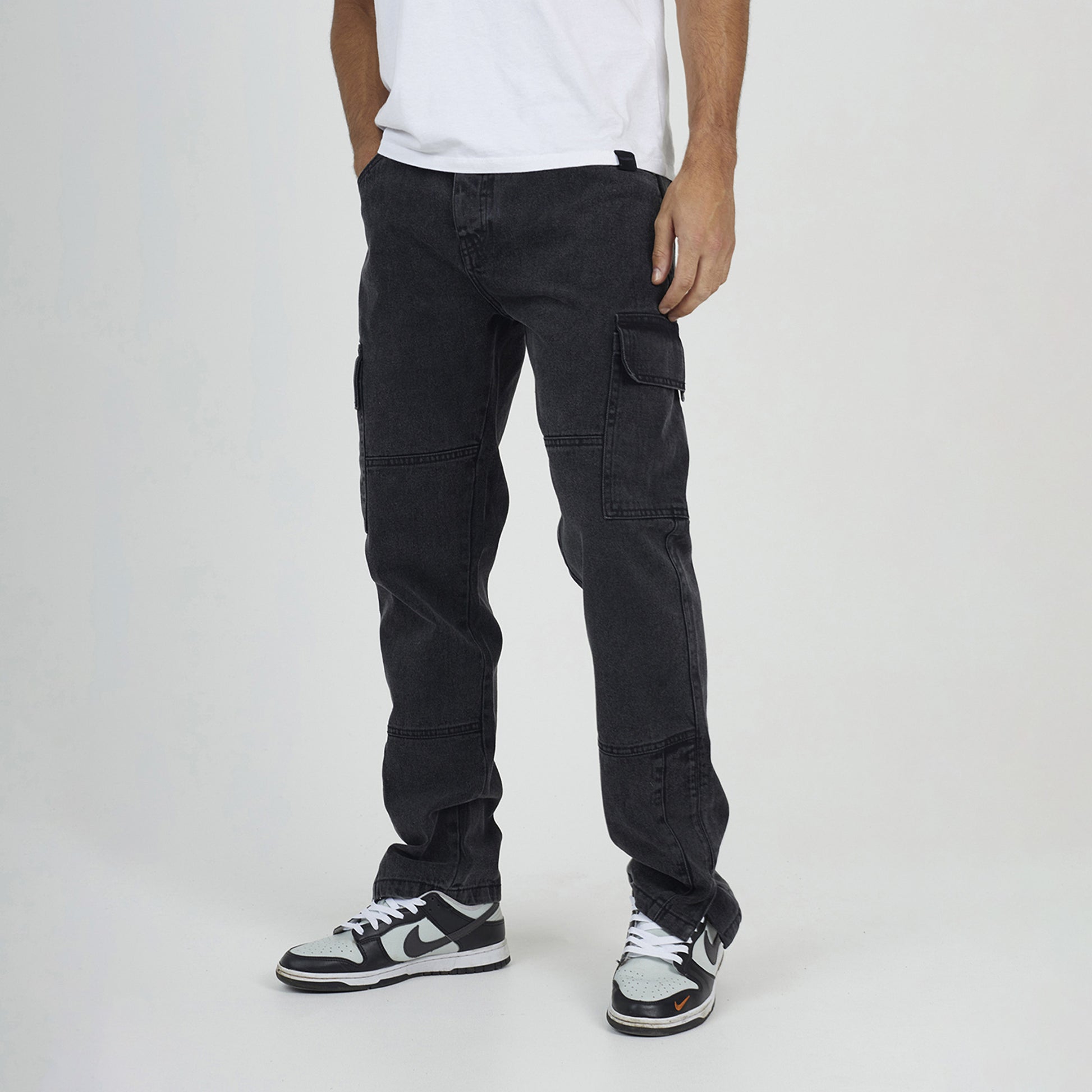 Brave Soul Charcoal Cargo Style Denim Jeans With Side Hem Split Detail - Charcoal Image 1