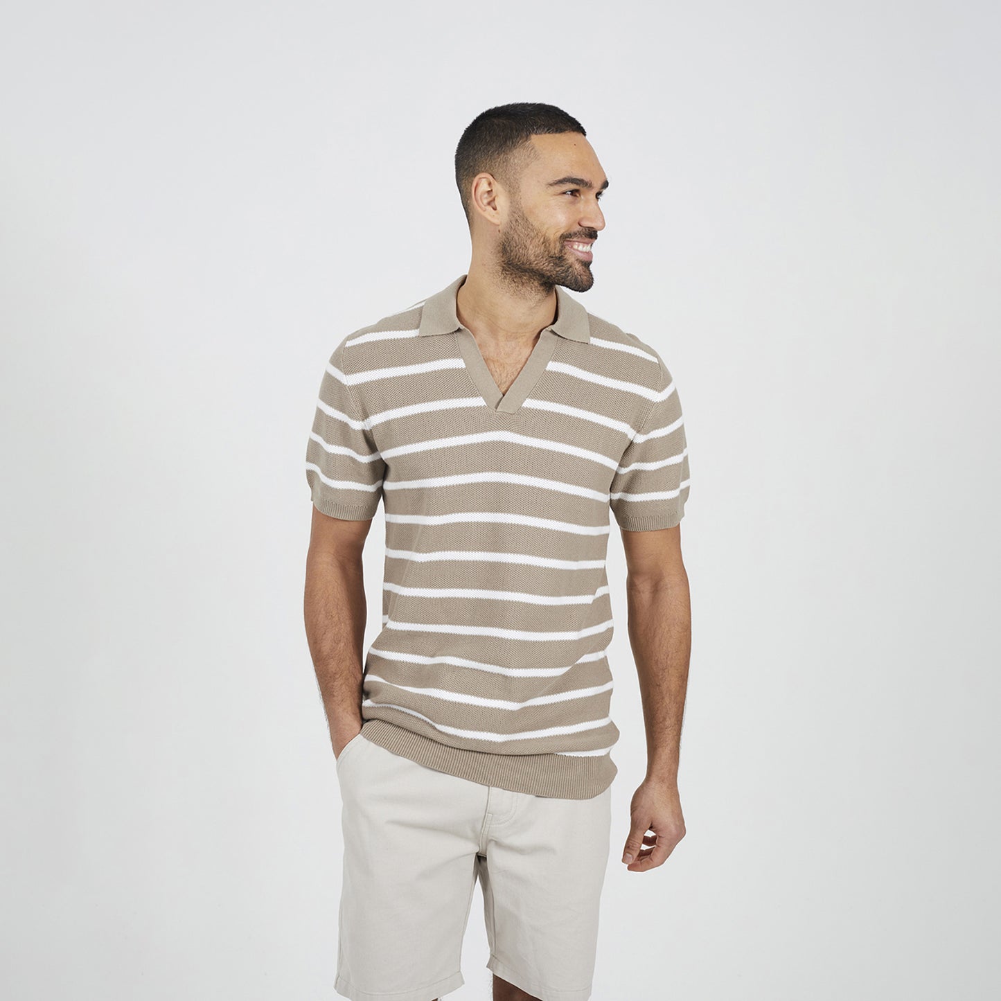 Brave Soul Stone Short Sleeve Knitted Polo Shirt - Stone Image 1