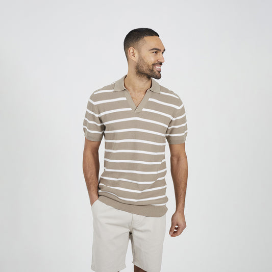 Brave Soul Stone Short Sleeve Knitted Polo Shirt - Stone Image 1
