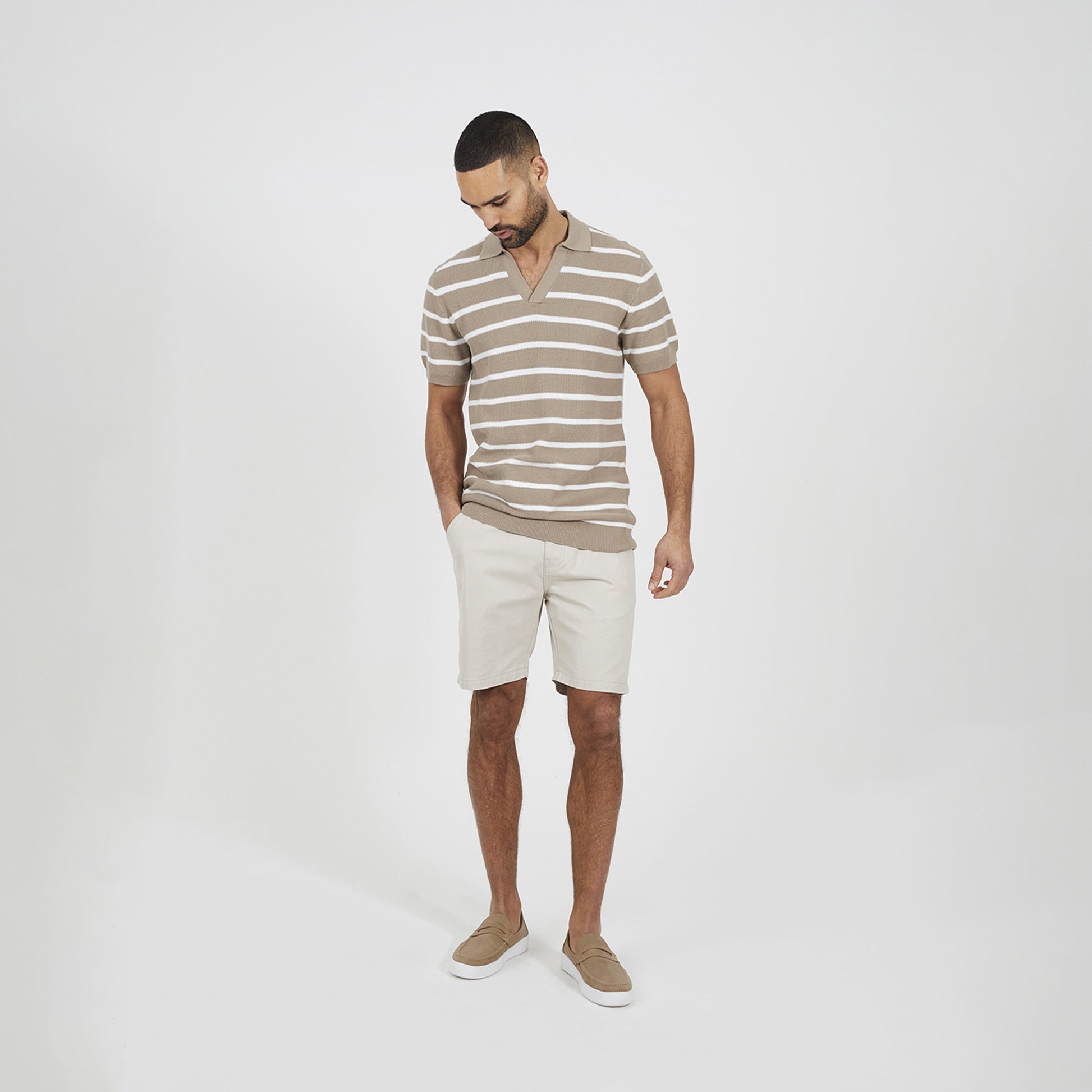 Brave Soul Stone Short Sleeve Knitted Polo Shirt - Stone Image 3