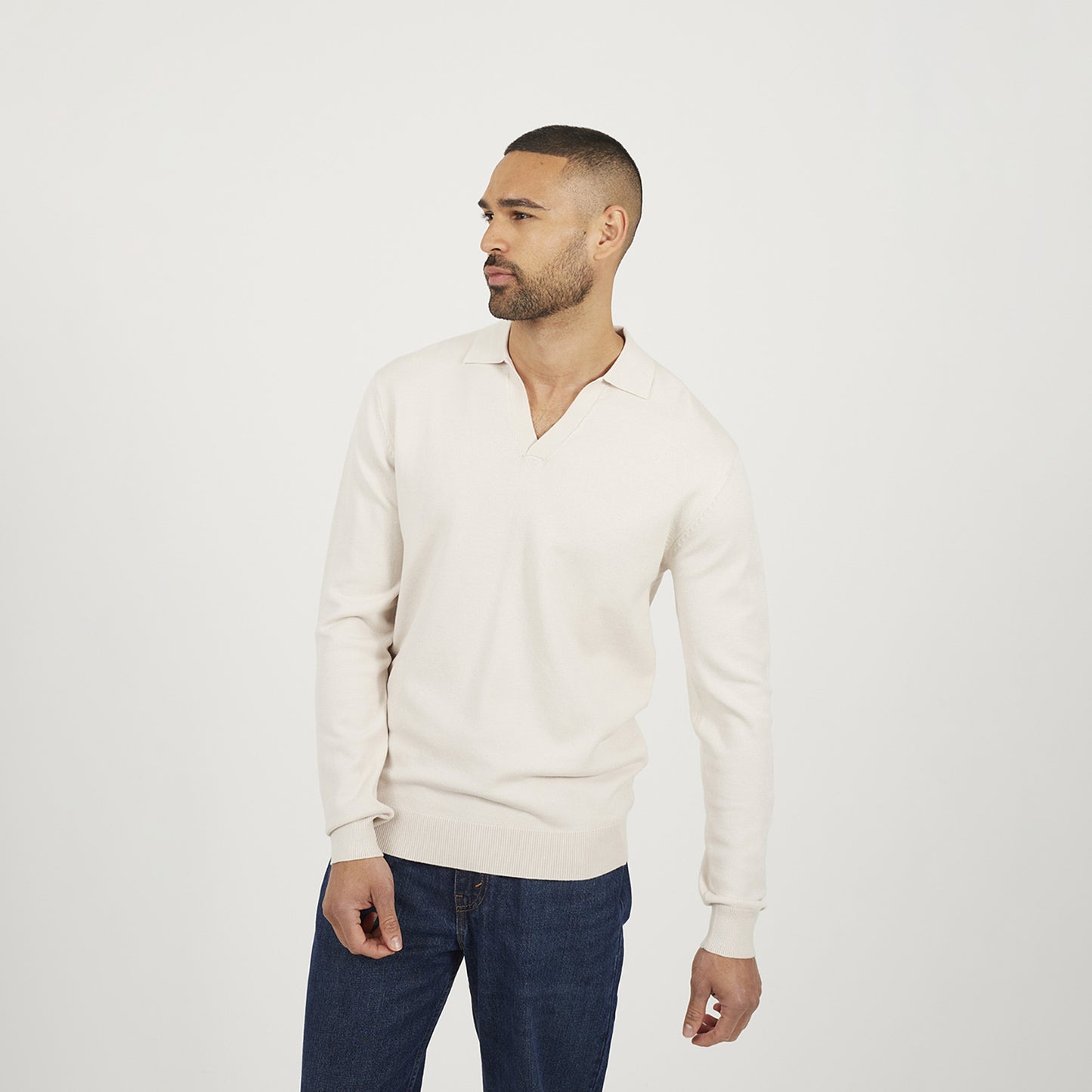 Brave Soul Cream Long Sleeve Trophy Neck Polo - Cream Image 1