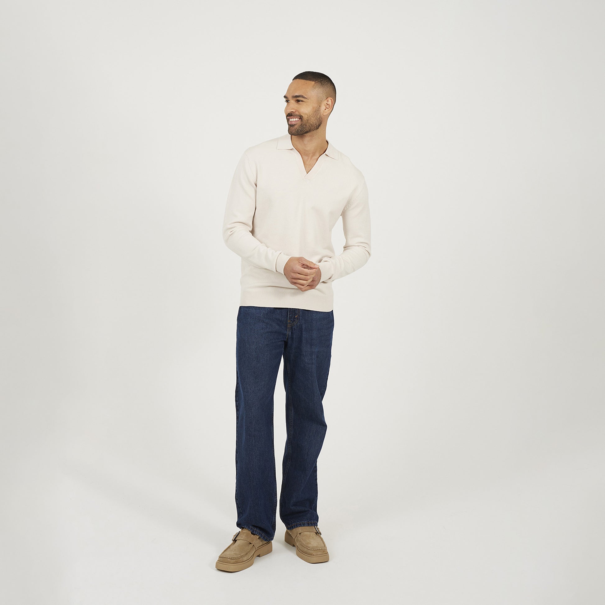 Brave Soul Cream Long Sleeve Trophy Neck Polo - Cream Image 3