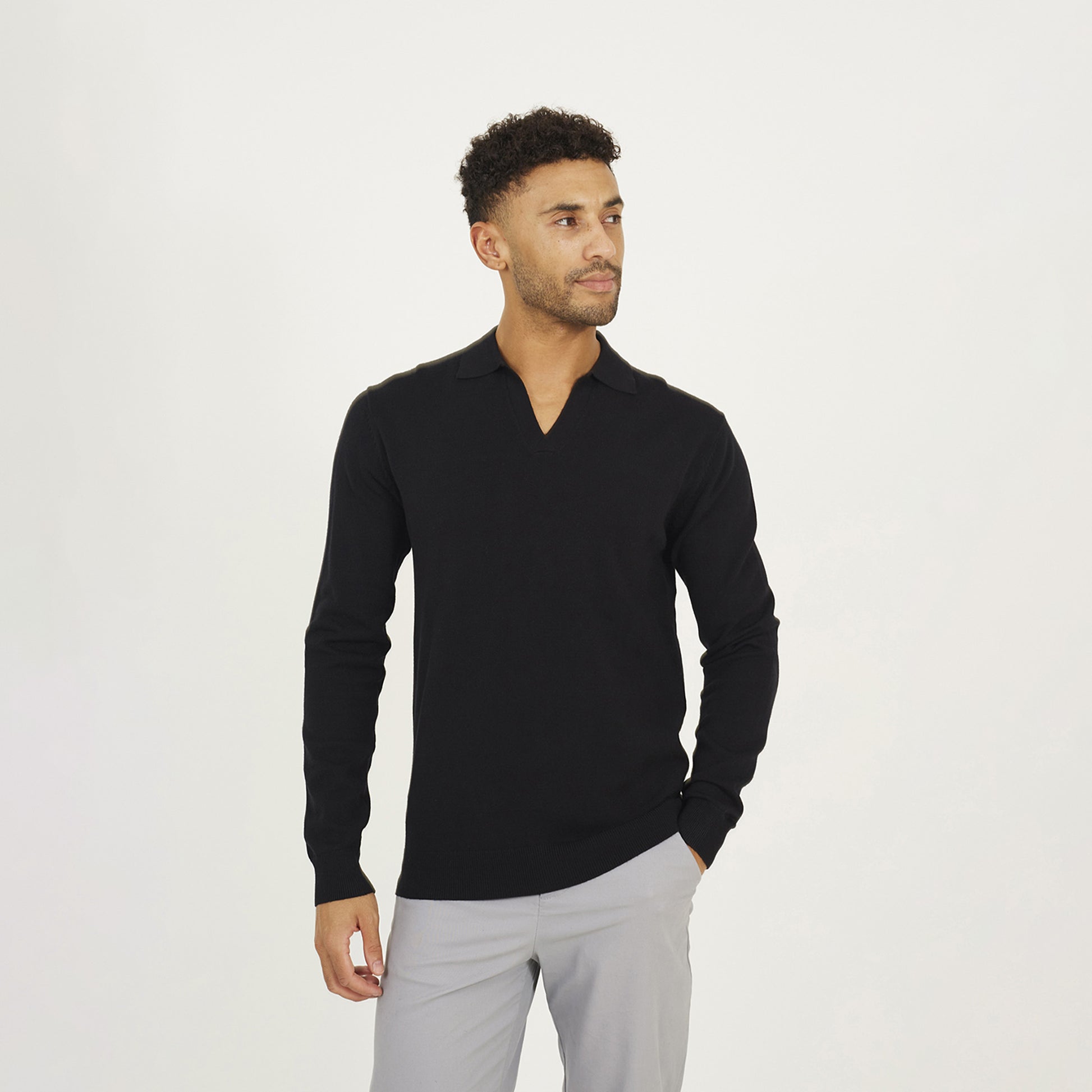 Brave Soul Black Long Sleeve Trophy Neck Polo - Black Image 1