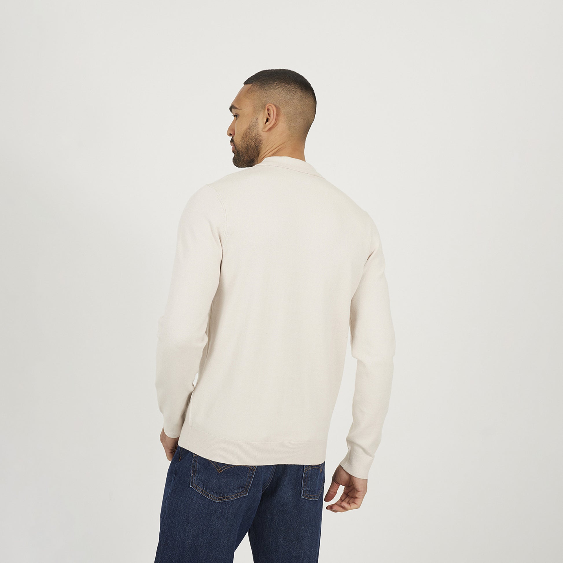 Brave Soul Cream Long Sleeve Knitted Polo - Cream Image 2