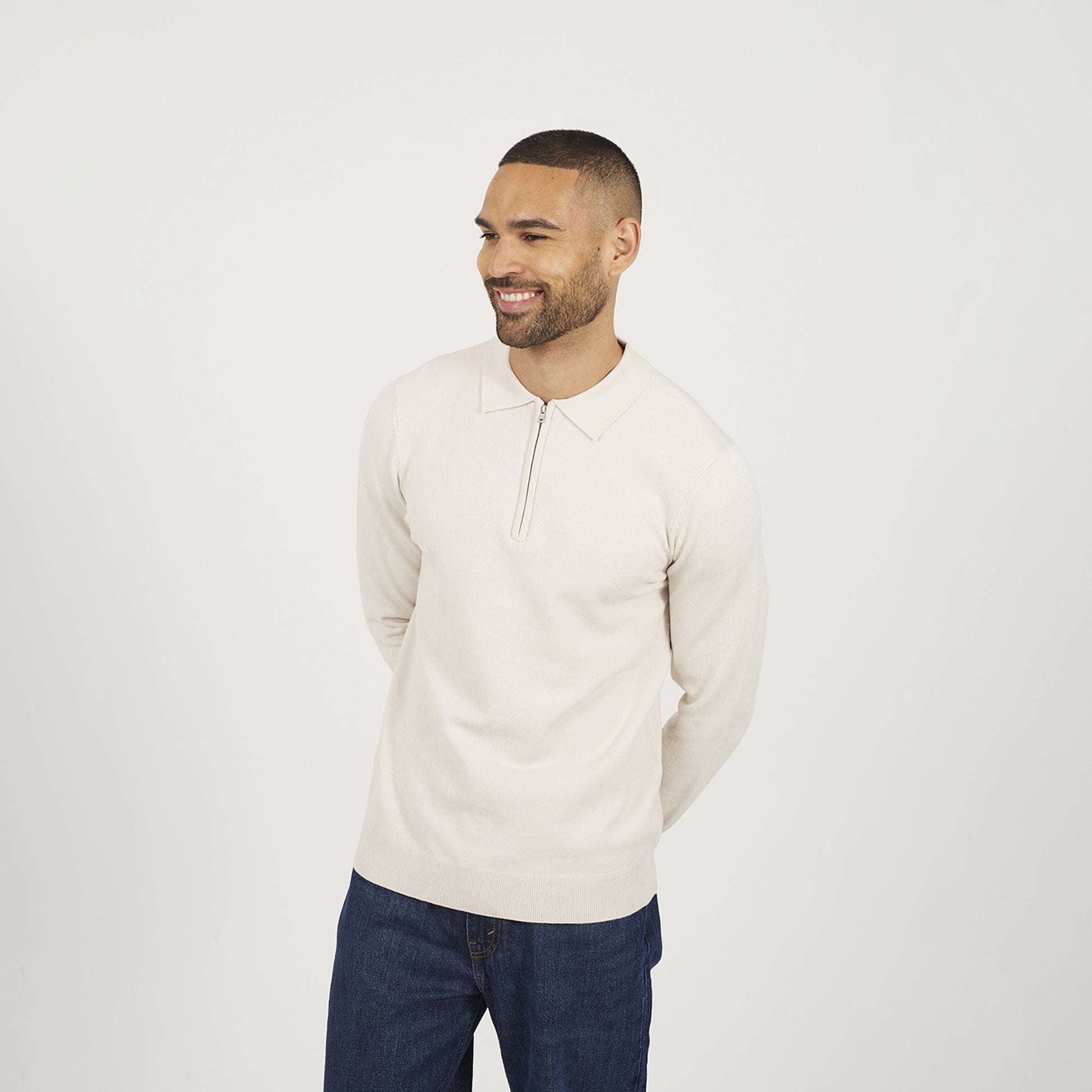 Brave Soul Cream Long Sleeve Knitted Polo - Cream Image 1