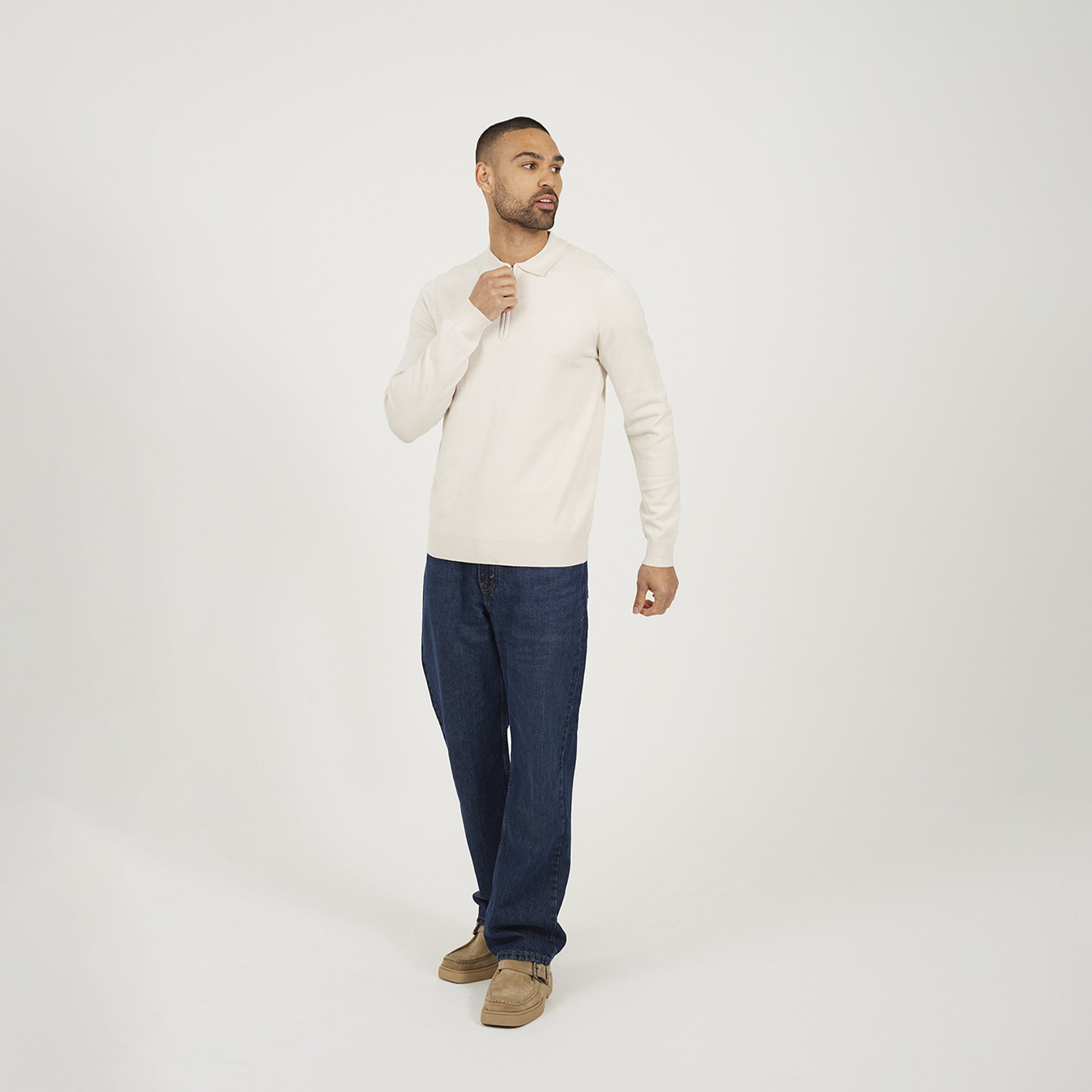 Brave Soul Cream Long Sleeve Knitted Polo - Cream Image 3