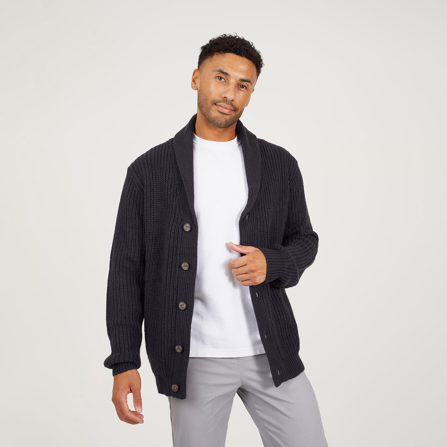 Brave Soul Navy Shawl Neck Chunky Knit Cardigan - Navy Image 1