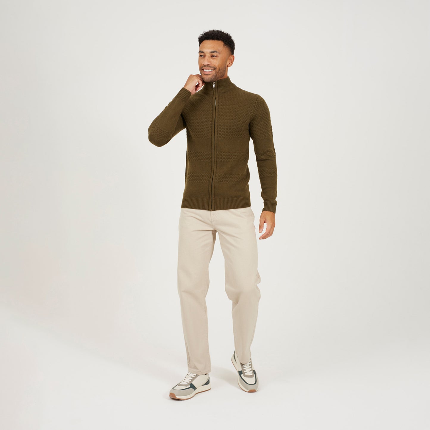 Brave Soul Khaki Zip Through Funnel Neck Knit Cardigan - Khaki Image 3