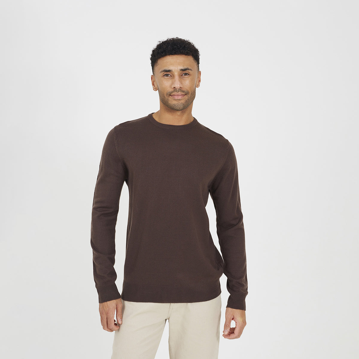 Brave Soul Chocolate Crew Neck Knitted Jumper - Chocolate Image 1