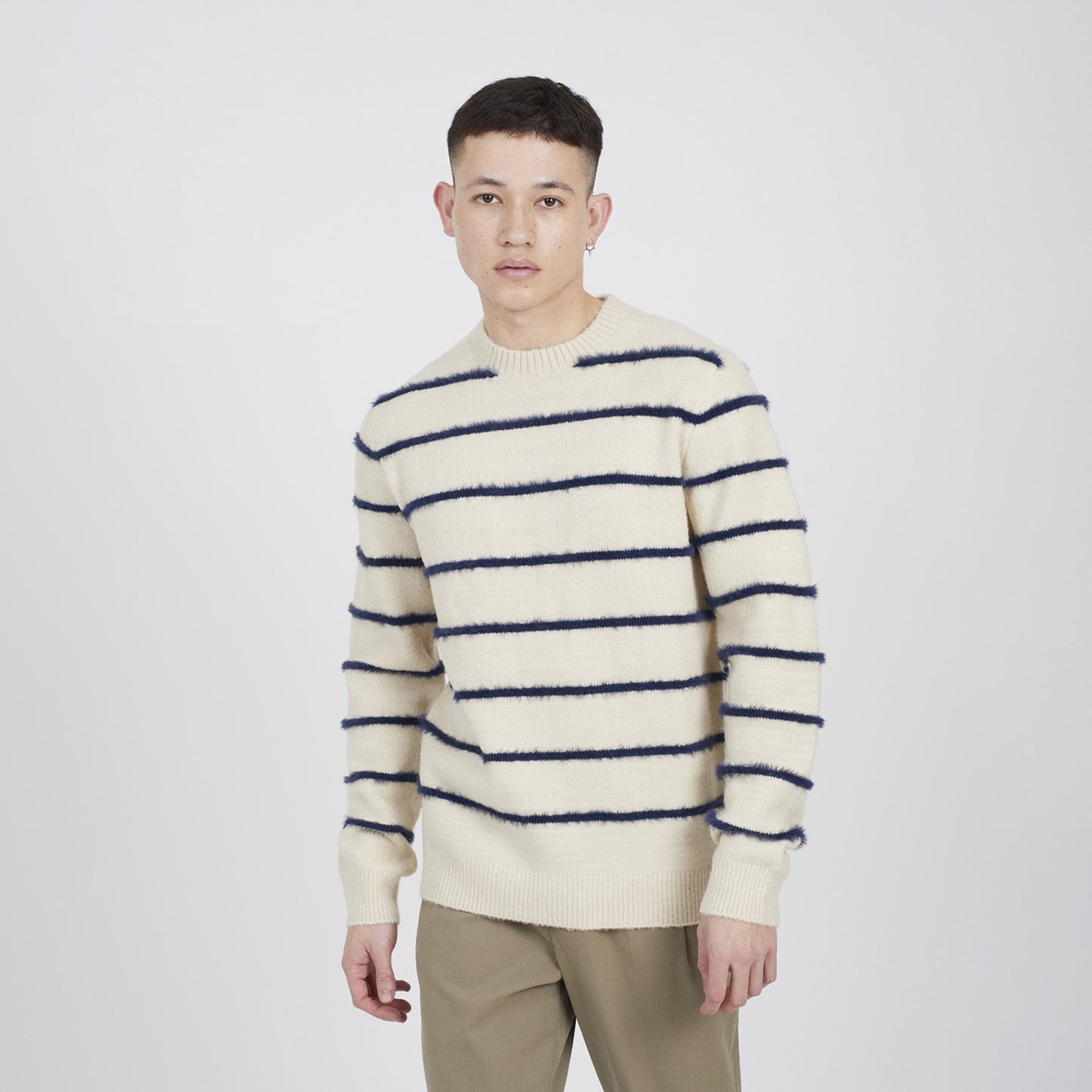 Brave Soul Ecru High Crew Neck Striped Knit Jumper - Ecru Image 1