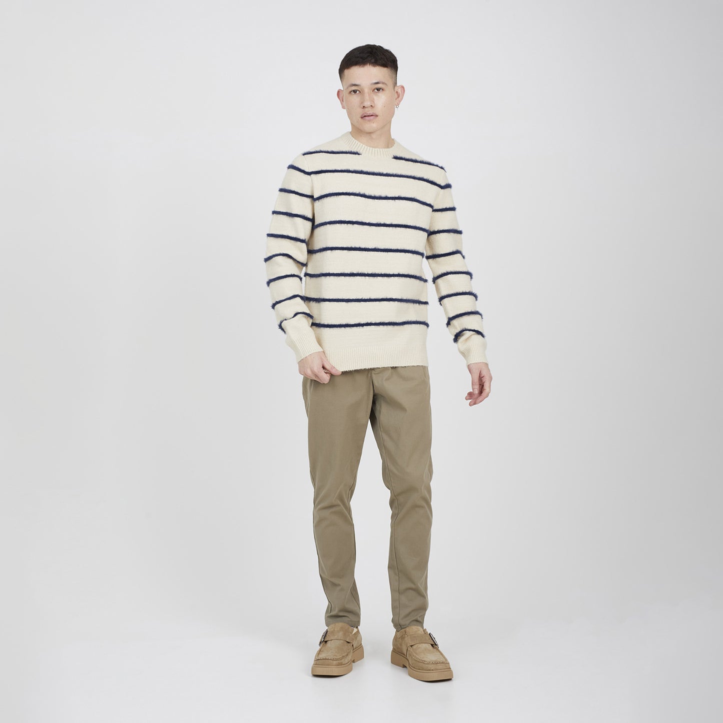 Brave Soul Ecru High Crew Neck Striped Knit Jumper - Ecru Image 3