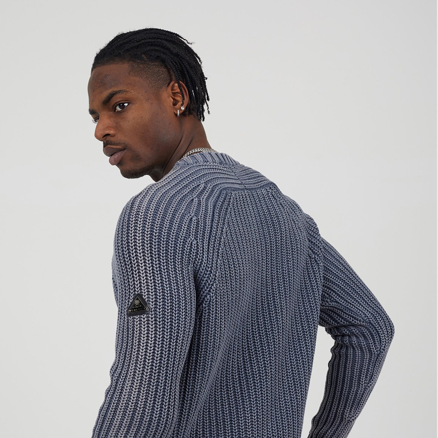 Brave Soul Mid Blue Cotton Crew Neck Acid Wash Rib Knit Jumper - Mid Blue Image 2