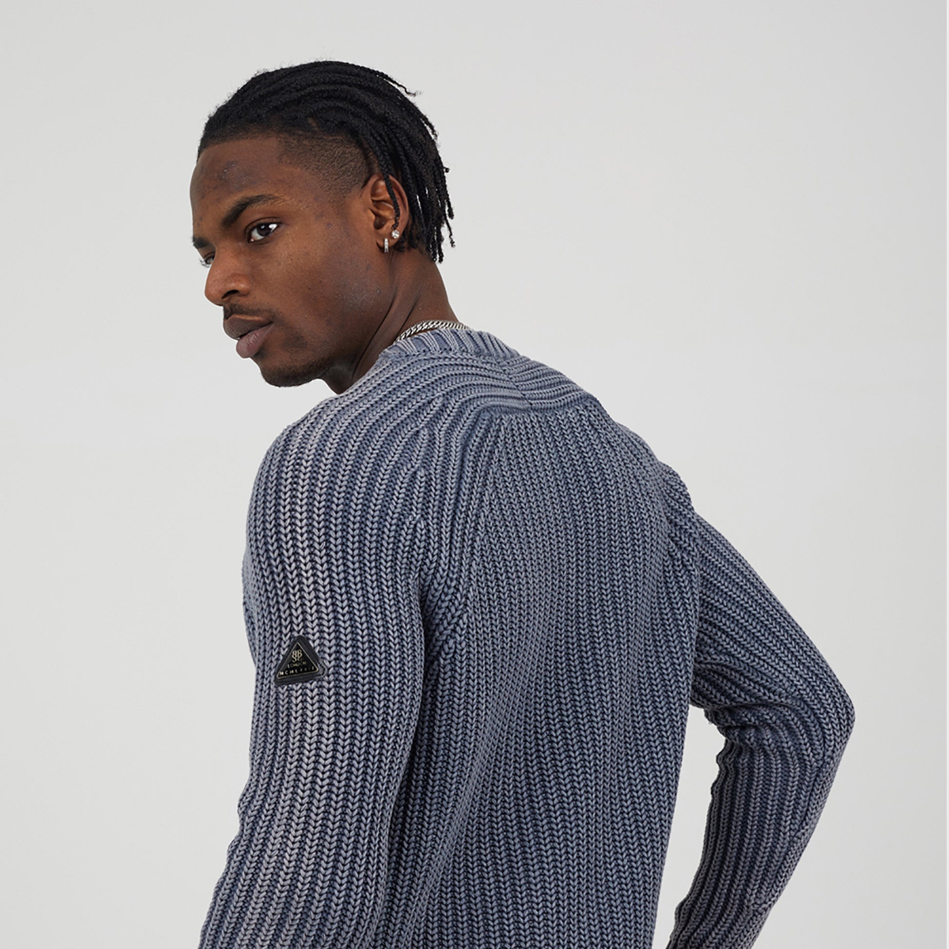 Brave Soul Mid Blue Cotton Crew Neck Acid Wash Rib Knit Jumper - Mid Blue Image 2