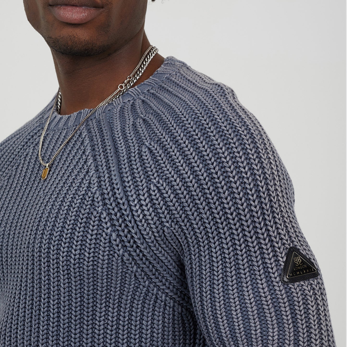 Brave Soul Mid Blue Cotton Crew Neck Acid Wash Rib Knit Jumper - Mid Blue Image 4