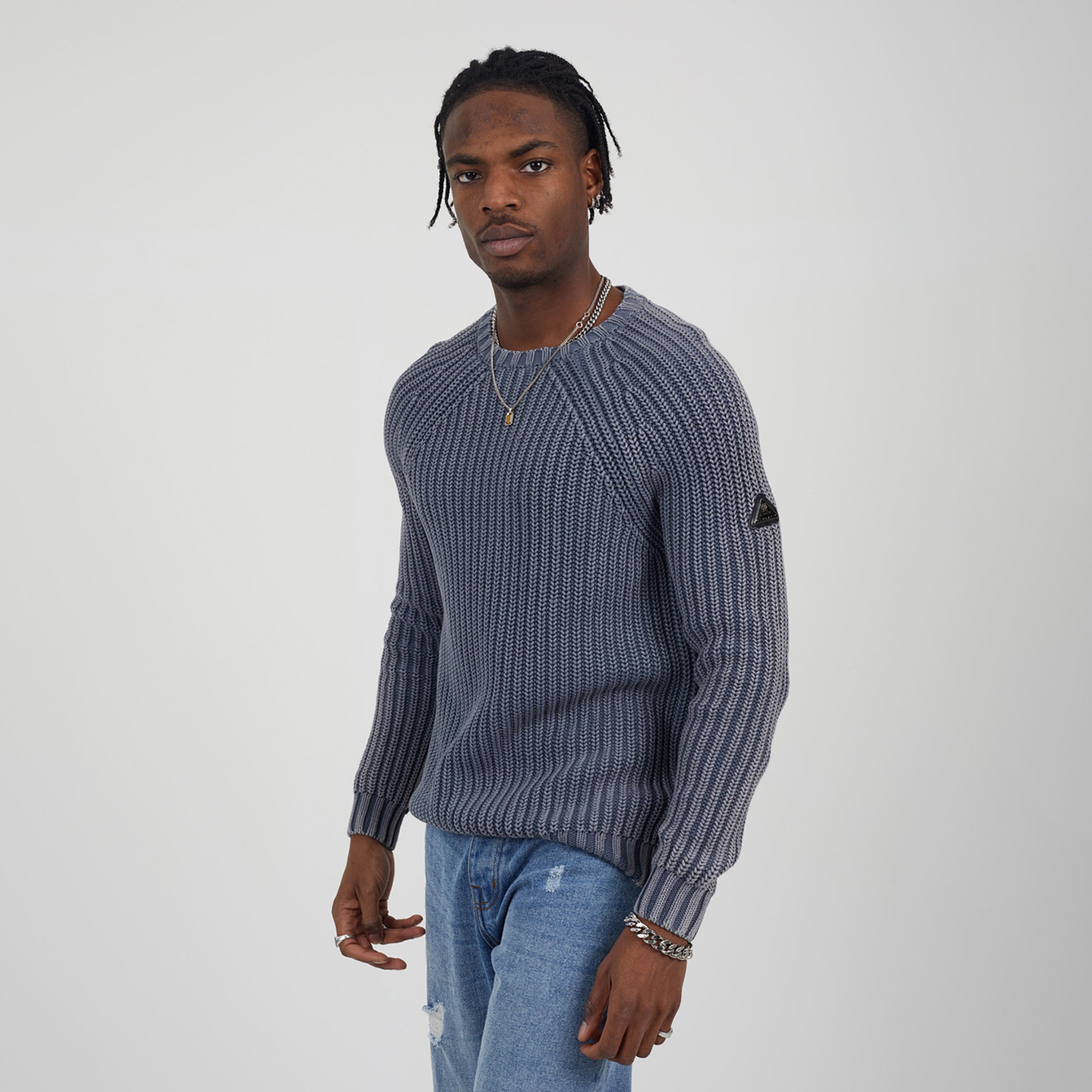Brave Soul Mid Blue Cotton Crew Neck Acid Wash Rib Knit Jumper - Mid Blue Image 1