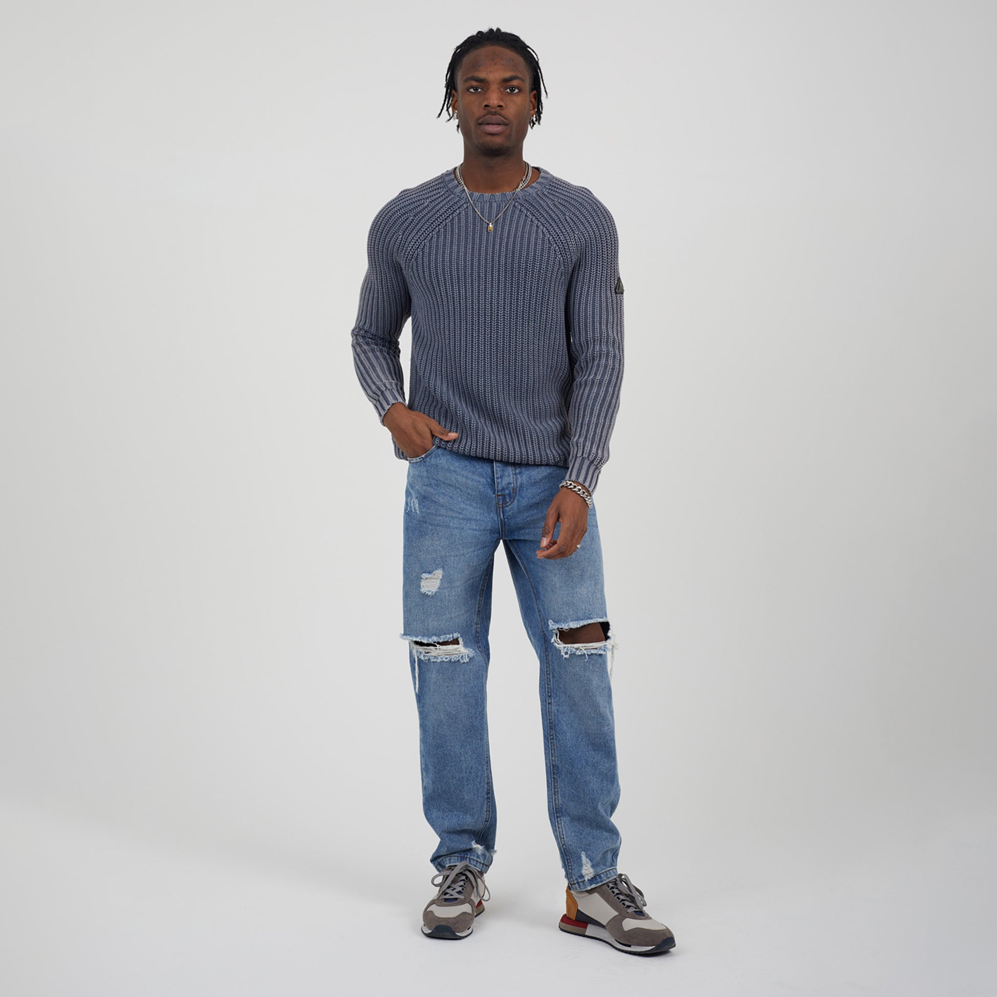 Brave Soul Mid Blue Cotton Crew Neck Acid Wash Rib Knit Jumper - Mid Blue Image 3