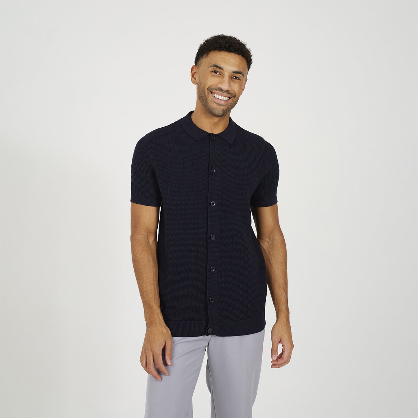 Brave Soul Navy Knitted Short Sleeve Shirt - Navy Image 1