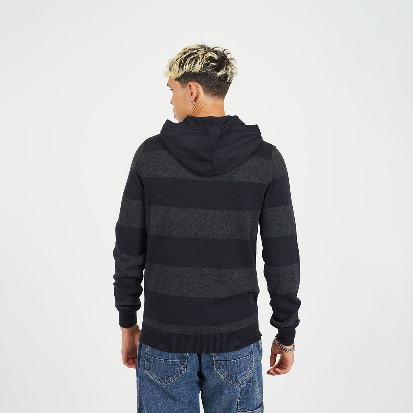 Brave Soul Black Cotton Striped Knit Hoody - Black Image 2
