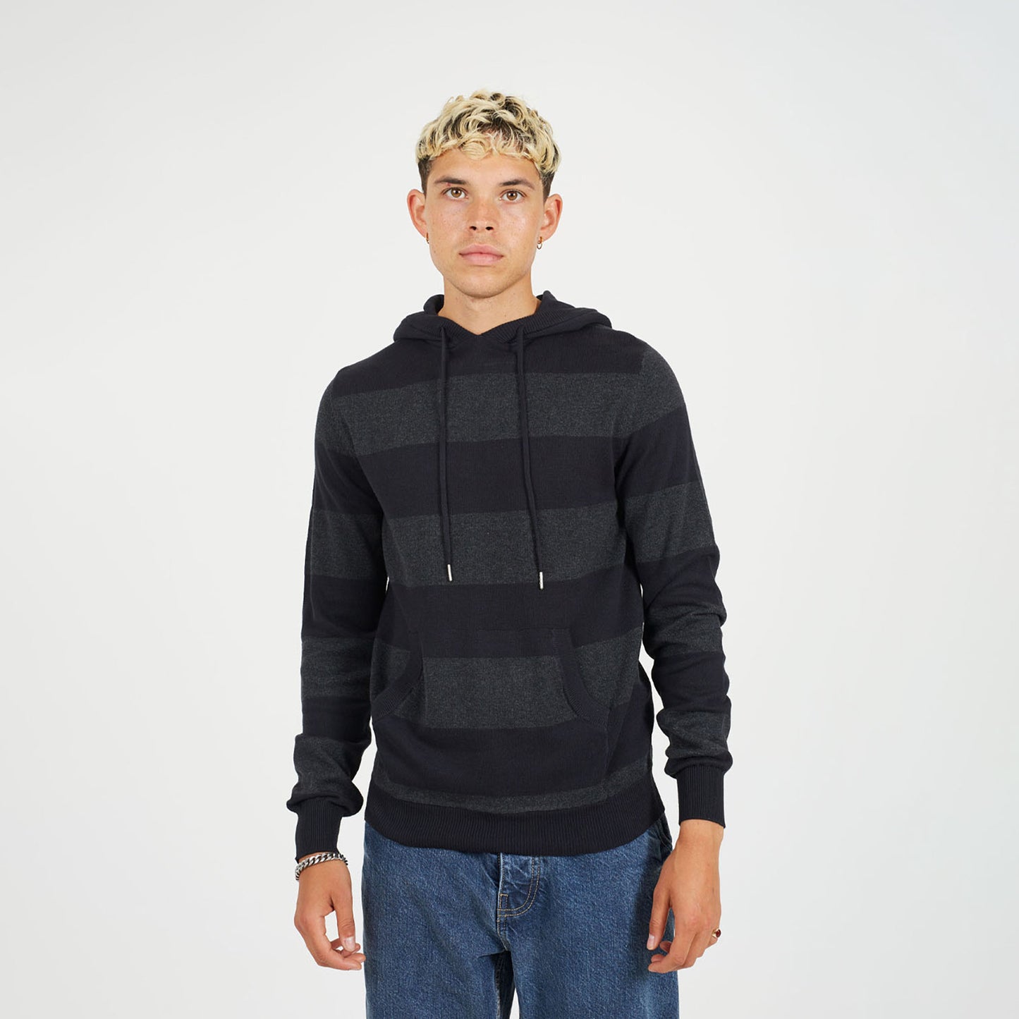 Brave Soul Black Cotton Striped Knit Hoody - Black Image 1
