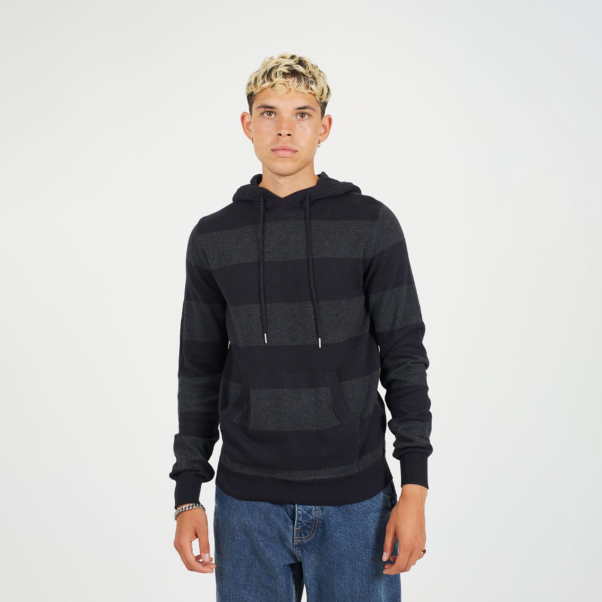 Brave Soul Black Cotton Striped Knit Hoody - Black Image 1