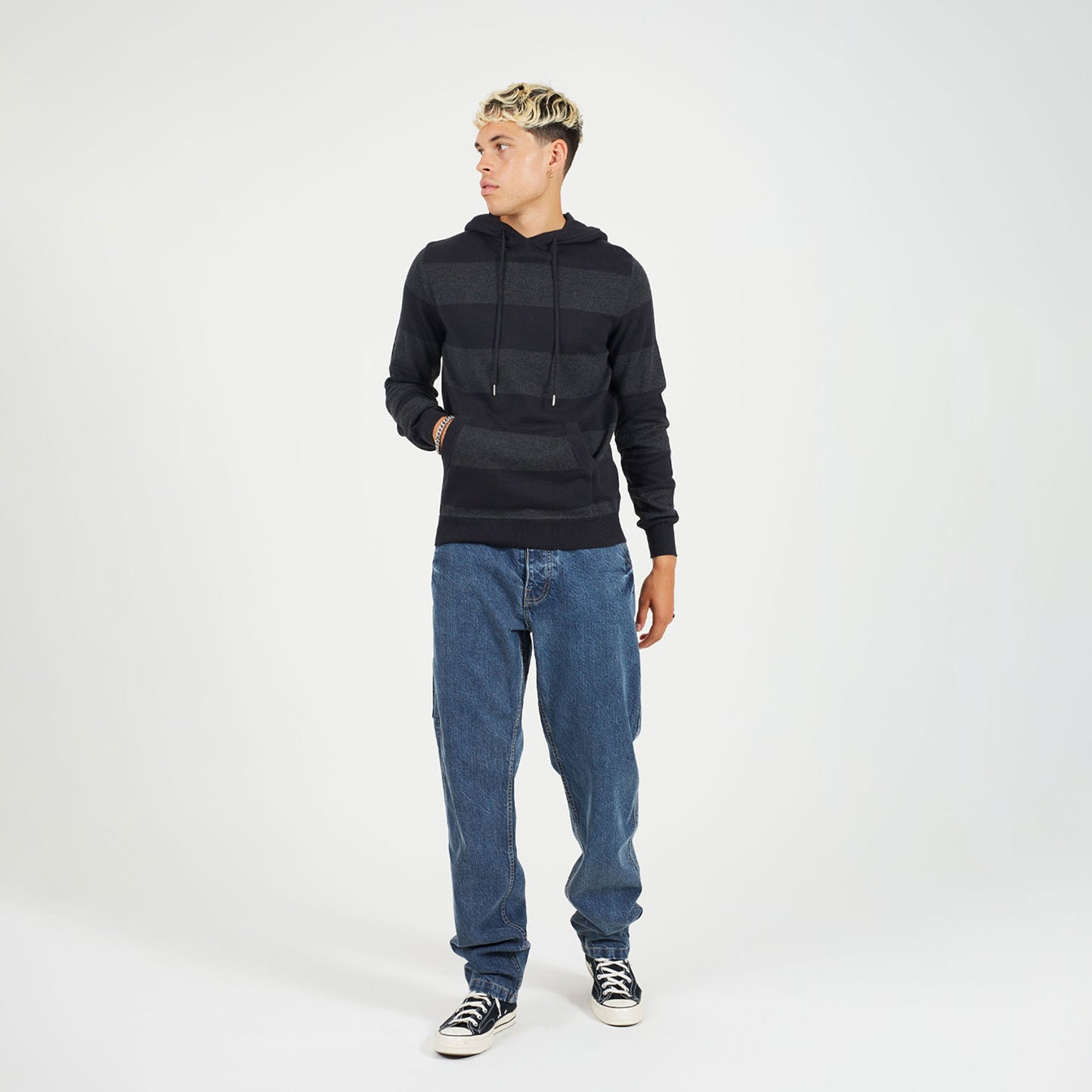 Brave Soul Black Cotton Striped Knit Hoody - Black Image 3
