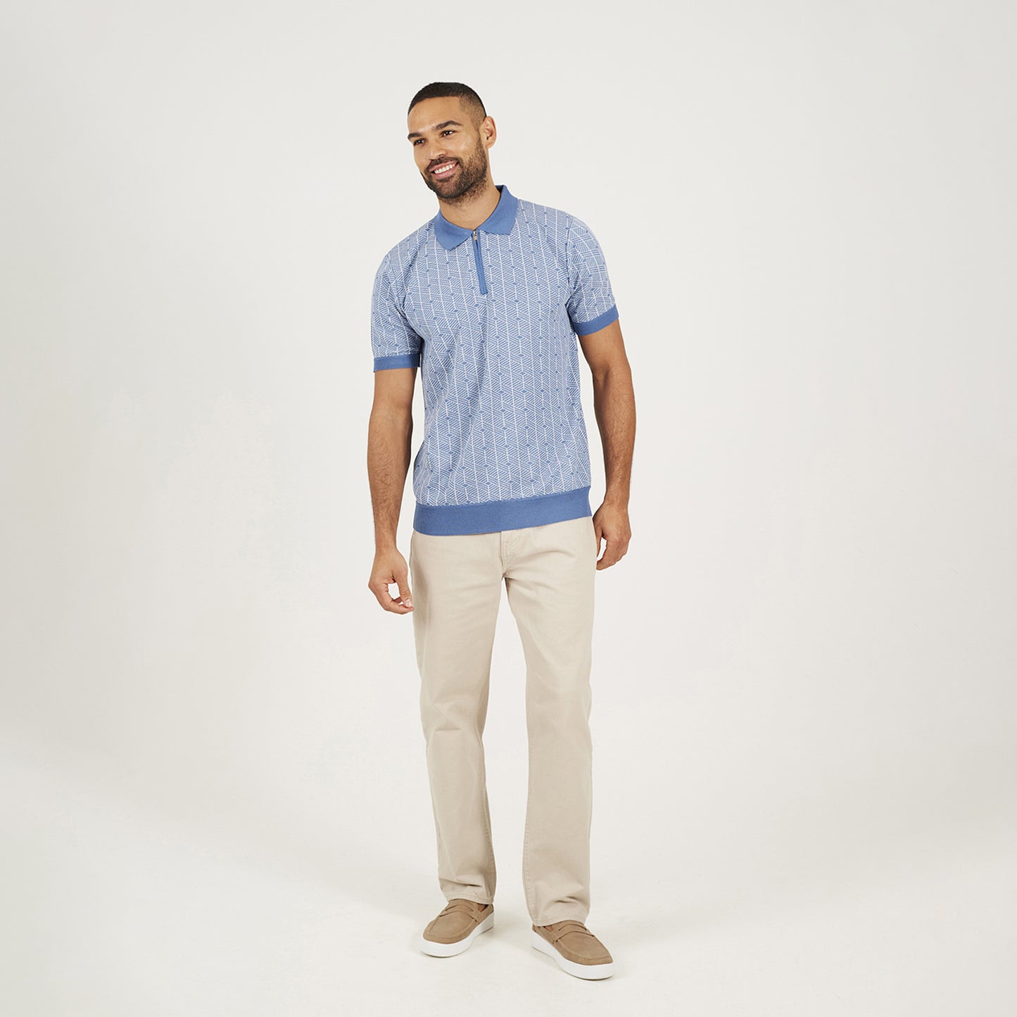 Brave Soul Blue Short Sleeve Jaquard Knitted Polo Shirt - Blue Image 3