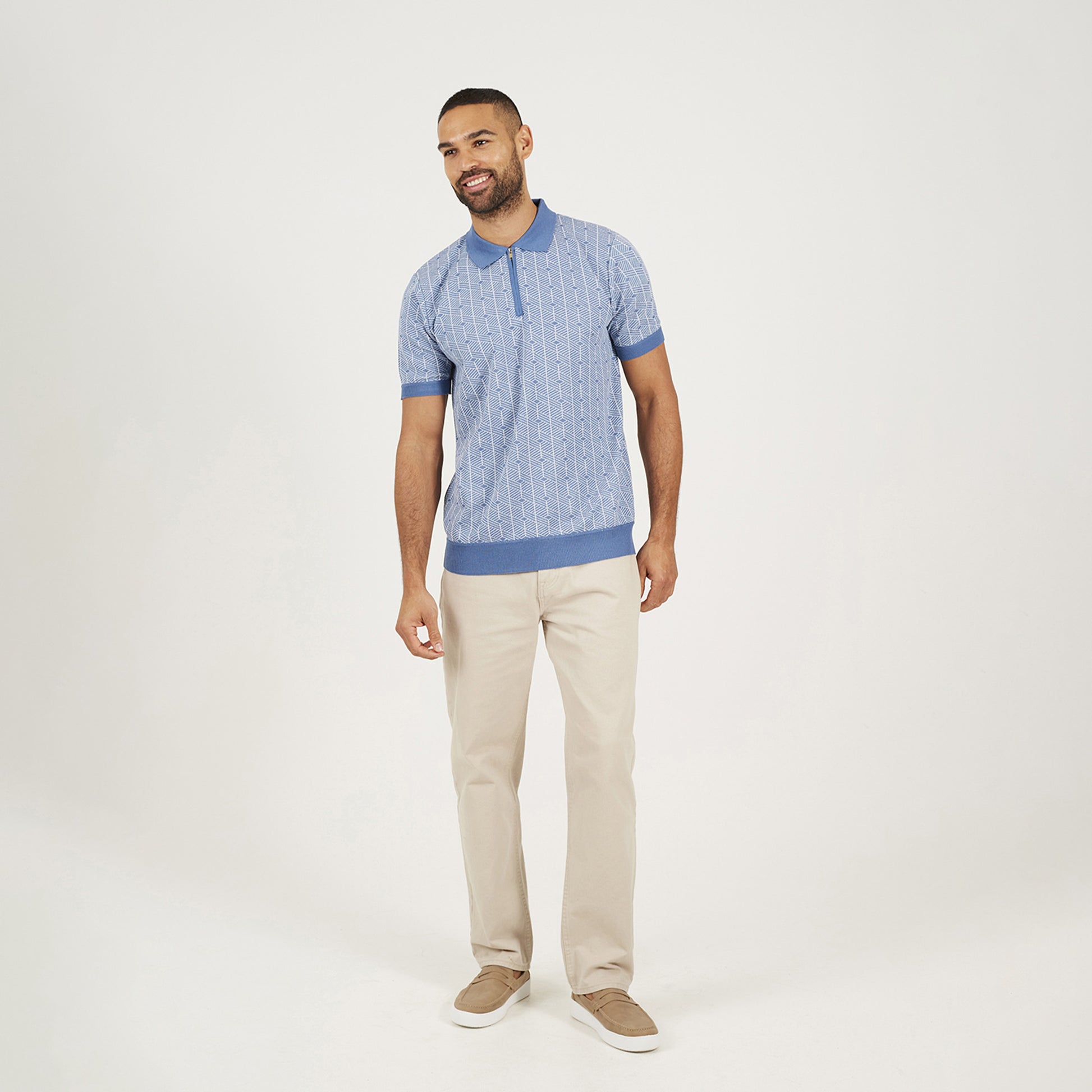 Brave Soul Blue Short Sleeve Jaquard Knitted Polo Shirt - Blue Image 3