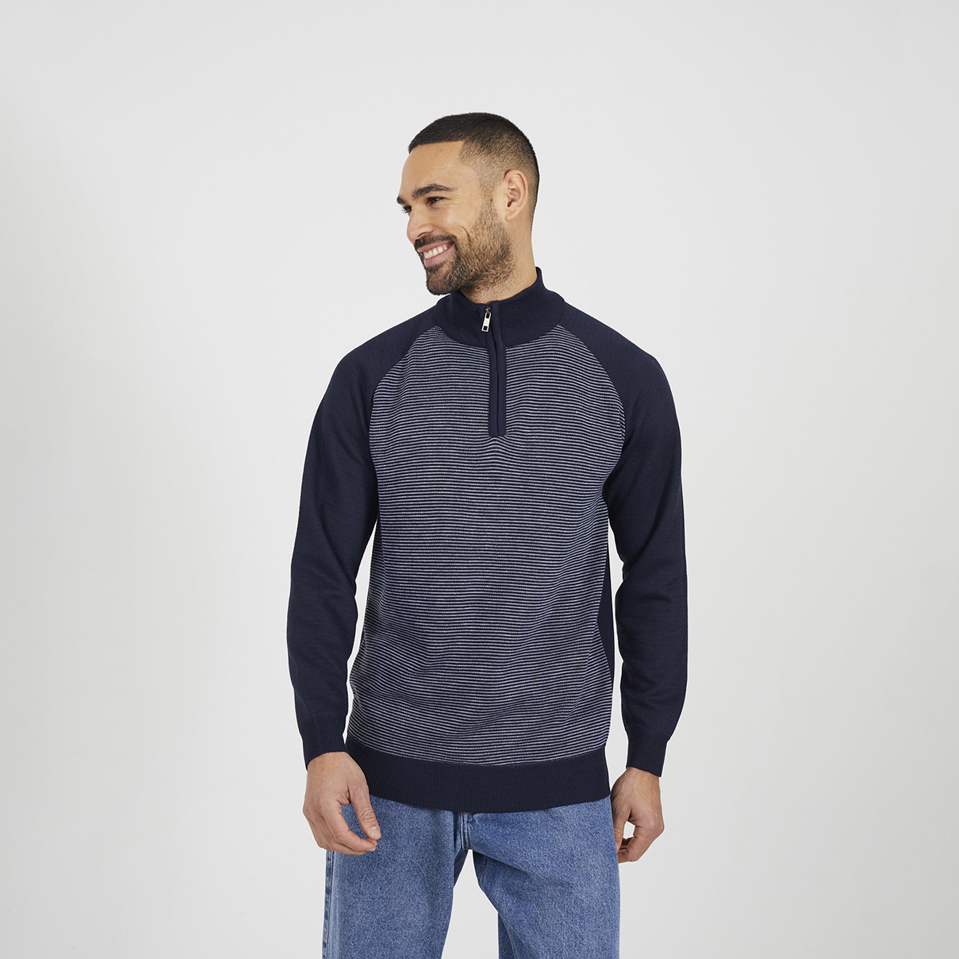 Brave Soul Navy Quarter Zip Funnel Neck Jumper - Navy Image 1