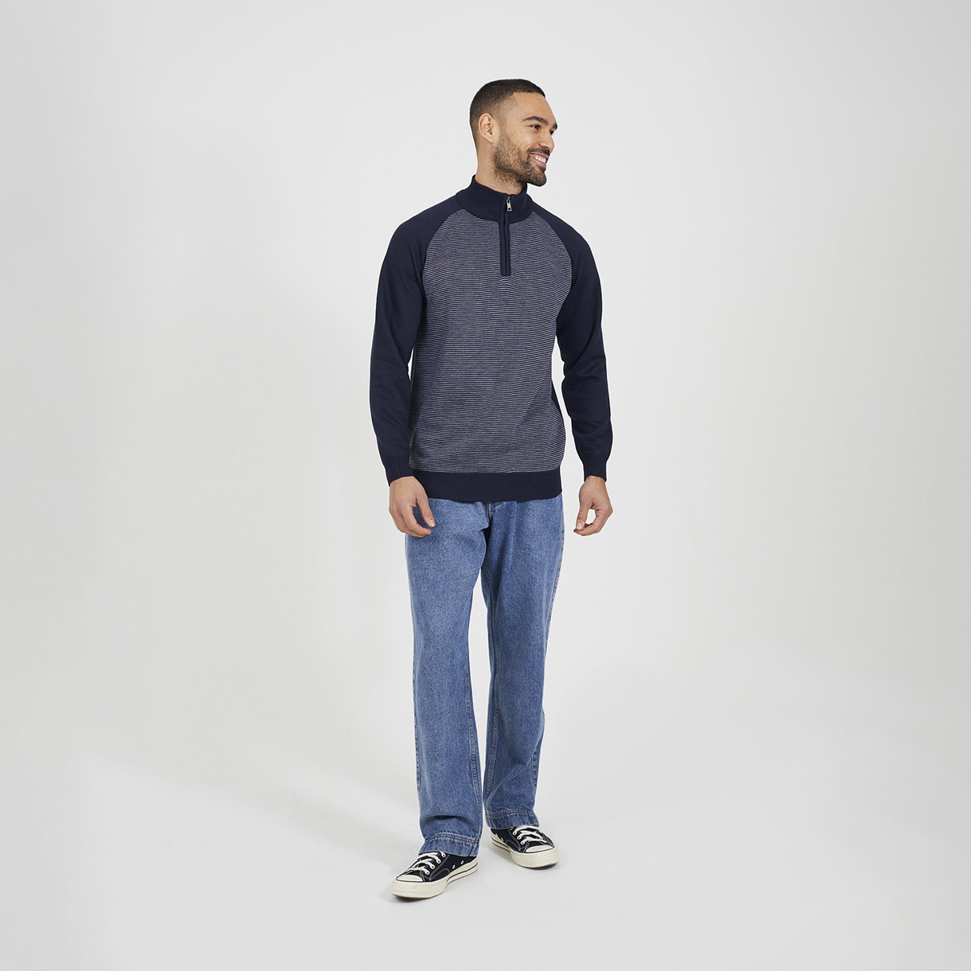 Brave Soul Navy Quarter Zip Funnel Neck Jumper - Navy Image 3