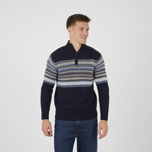 Brave Soul Navy Quarter Zip Fair Isle Jumper - Navy Image 1