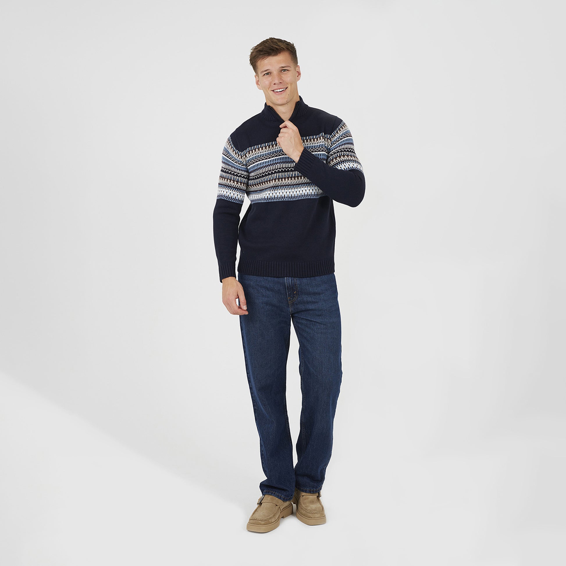 Brave Soul Navy Quarter Zip Fair Isle Jumper - Navy Image 3