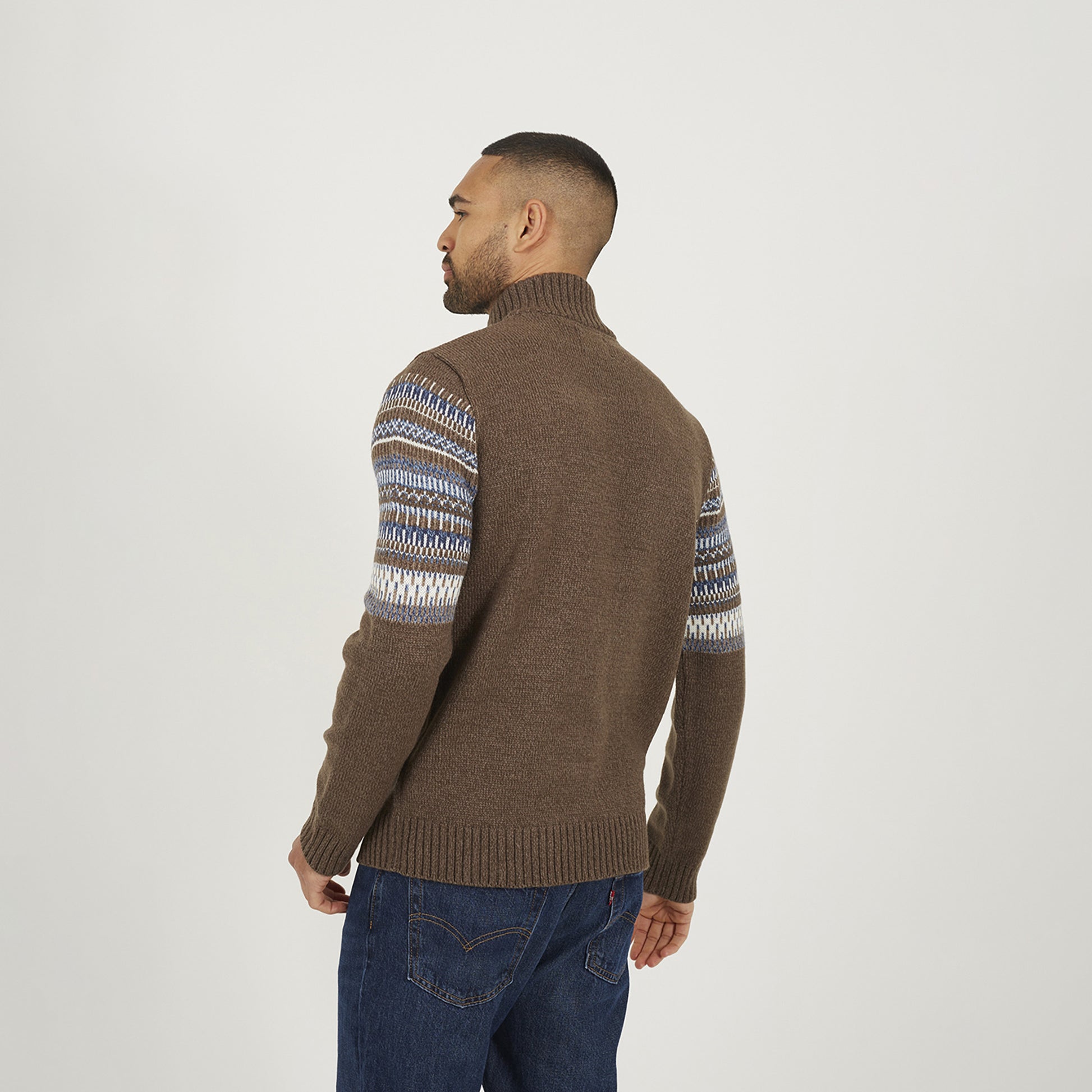 Brave Soul Brown Quarter Zip Fair Isle Jumper - Brown Image 2