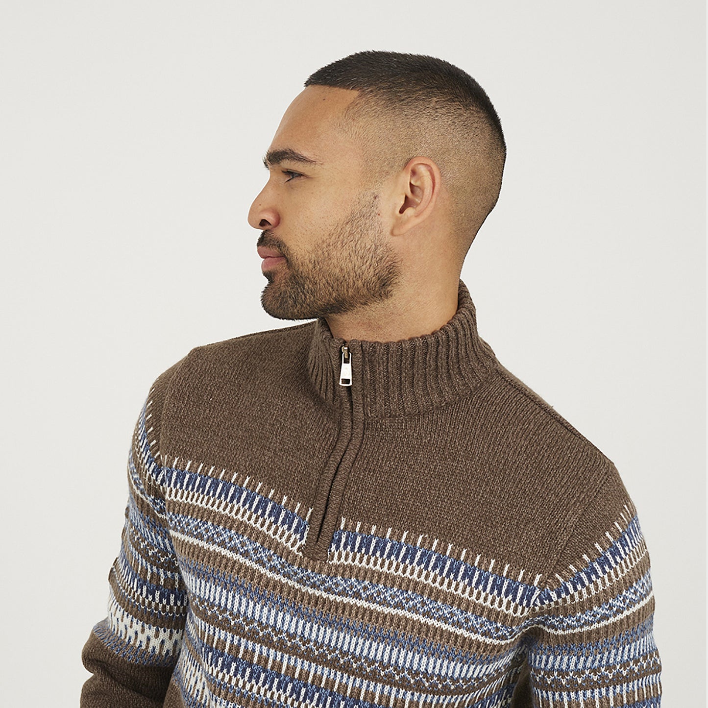 Brave Soul Brown Quarter Zip Fair Isle Jumper - Brown Image 4